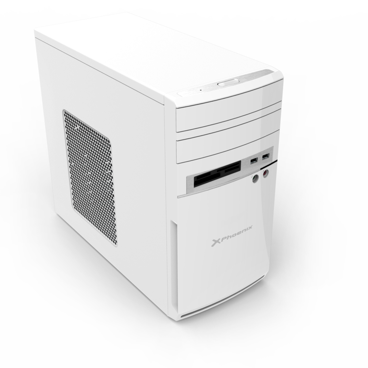 Case per computer bianco con prese d'aria e logo. Design moderno. Sfondo bianco.