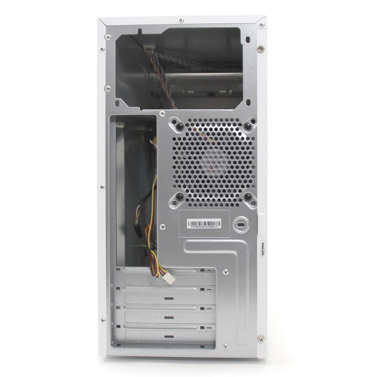 Parte posteriore di un case per computer bianco con componenti interni visibili, inclusi ventola e cavi.