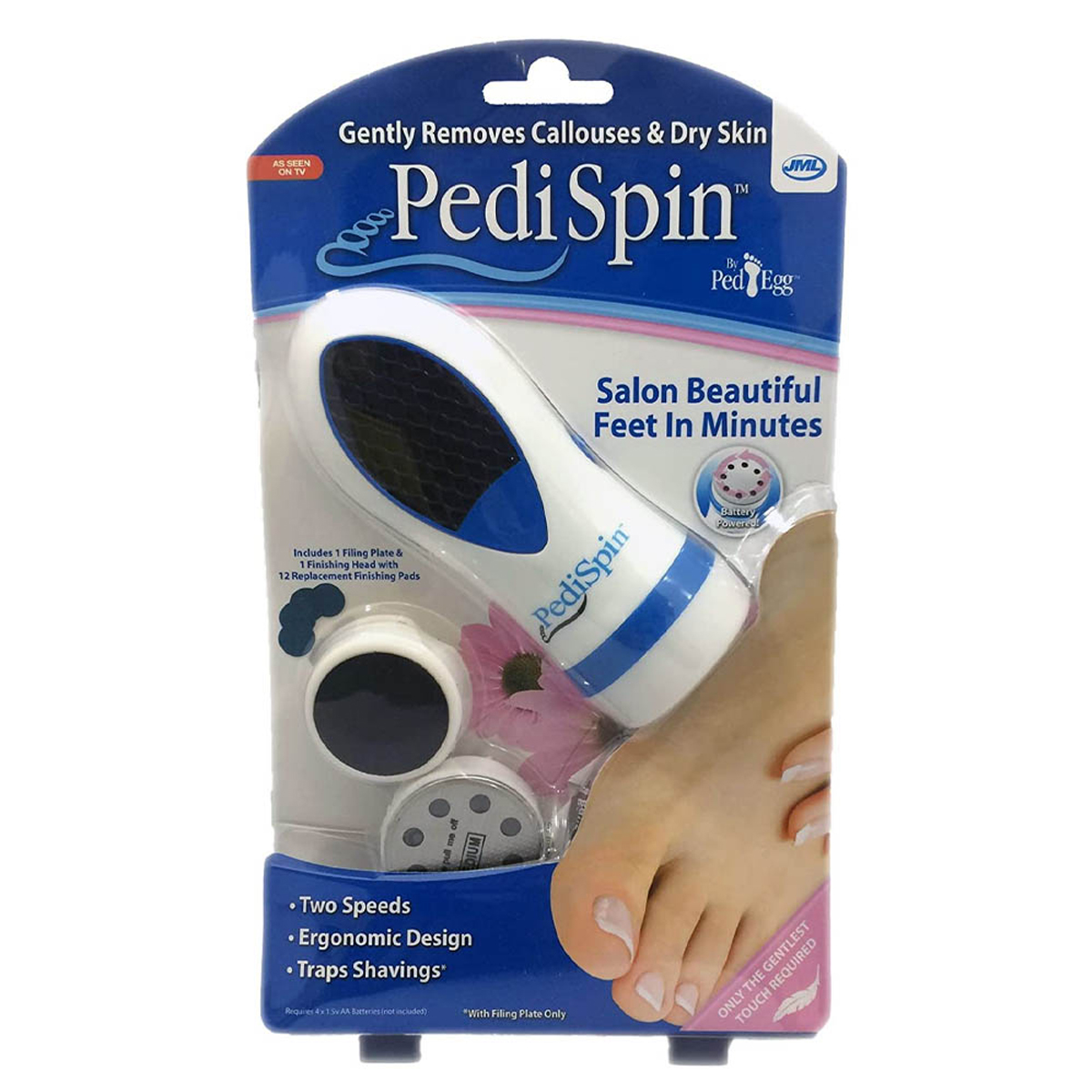 Dispositivo para el cuidado de los pies PediSpin en embalaje. Incluye una lima y almohadillas.