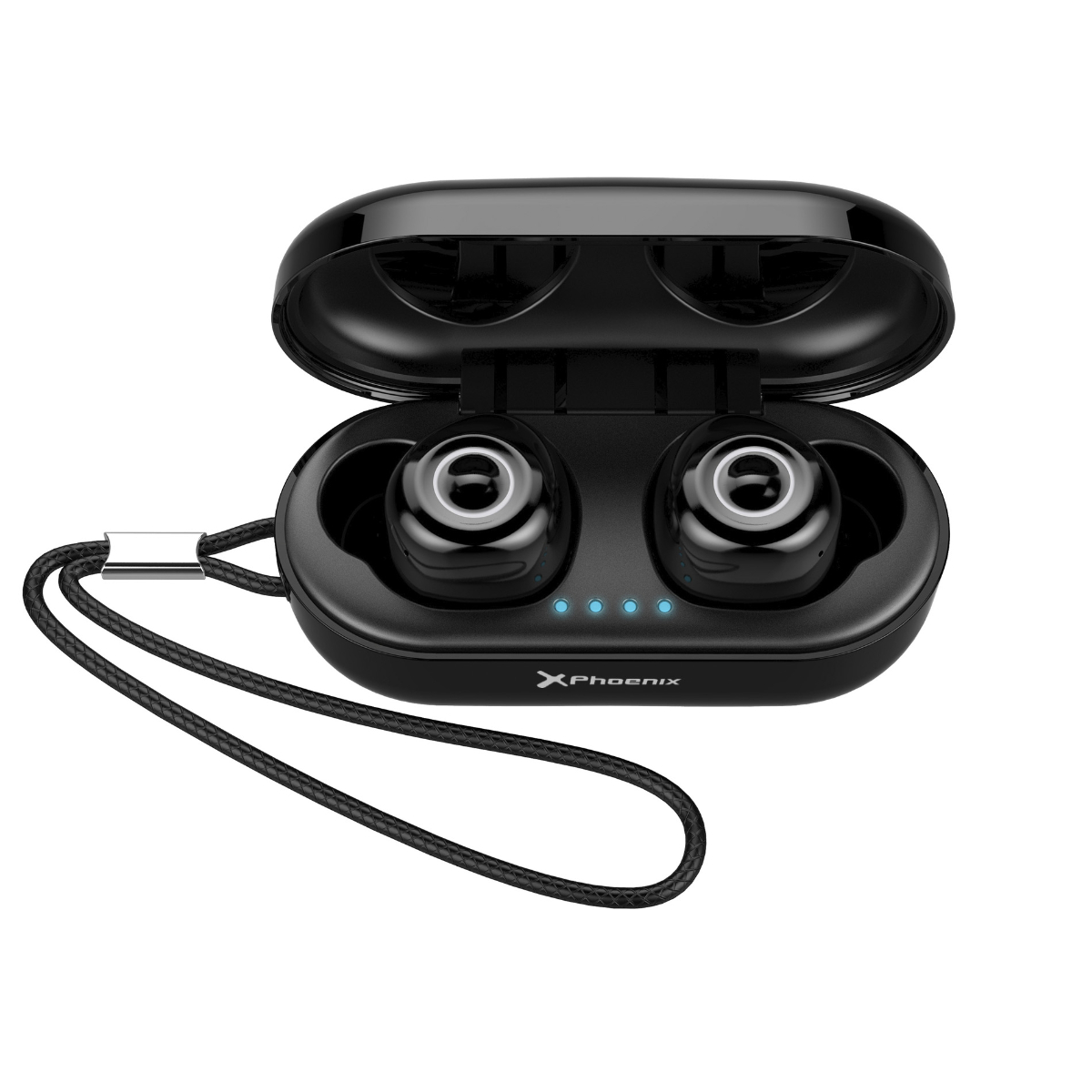 Custodia per auricolari nera, aperta, con due auricolari neri all'interno. Le luci di ricarica blu sono accese.