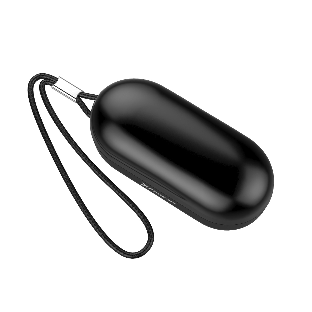 Un caricatore portatile nero, di forma ovale, con un cinturino. Il marchio è visibile su di esso.