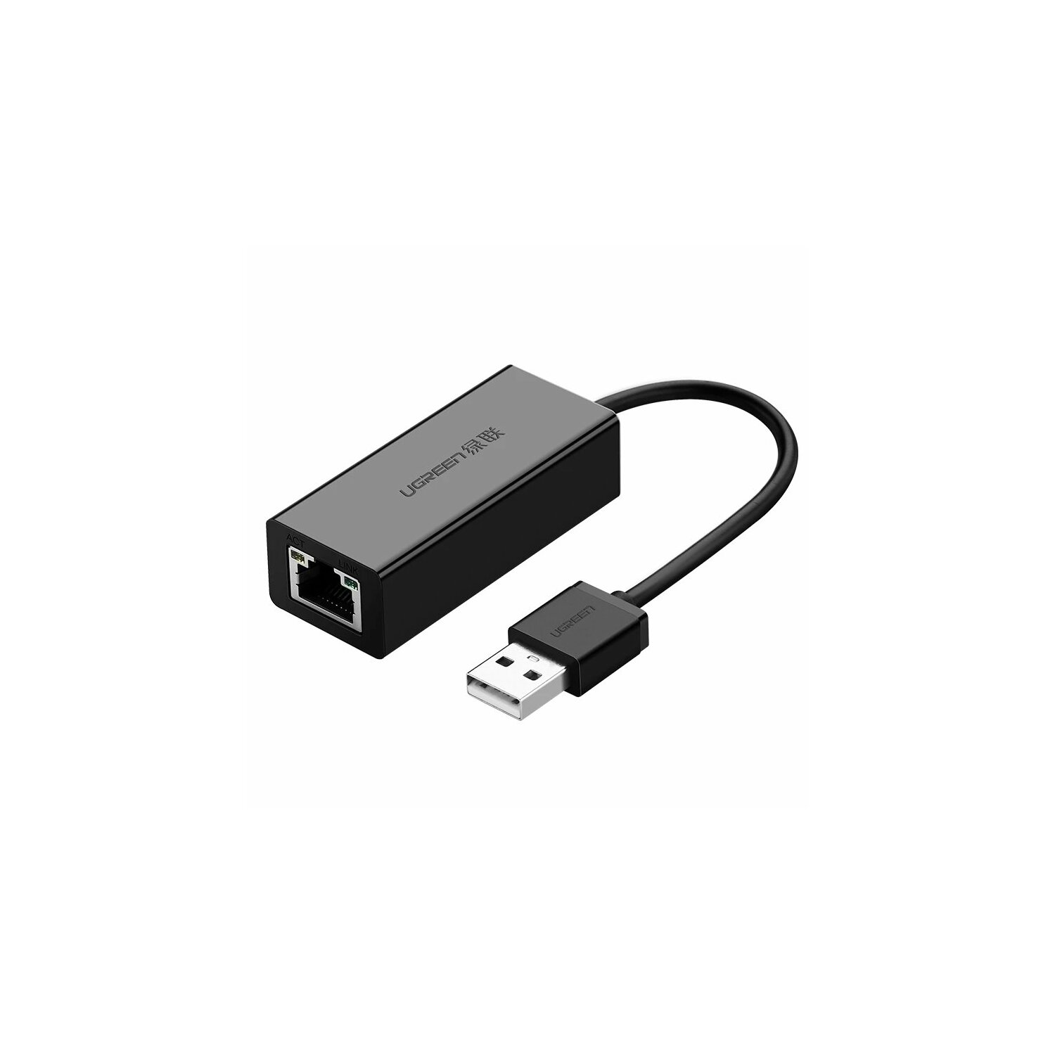 USB konektörlü ve siyah kablolu siyah UGREEN Ethernet adaptörü.