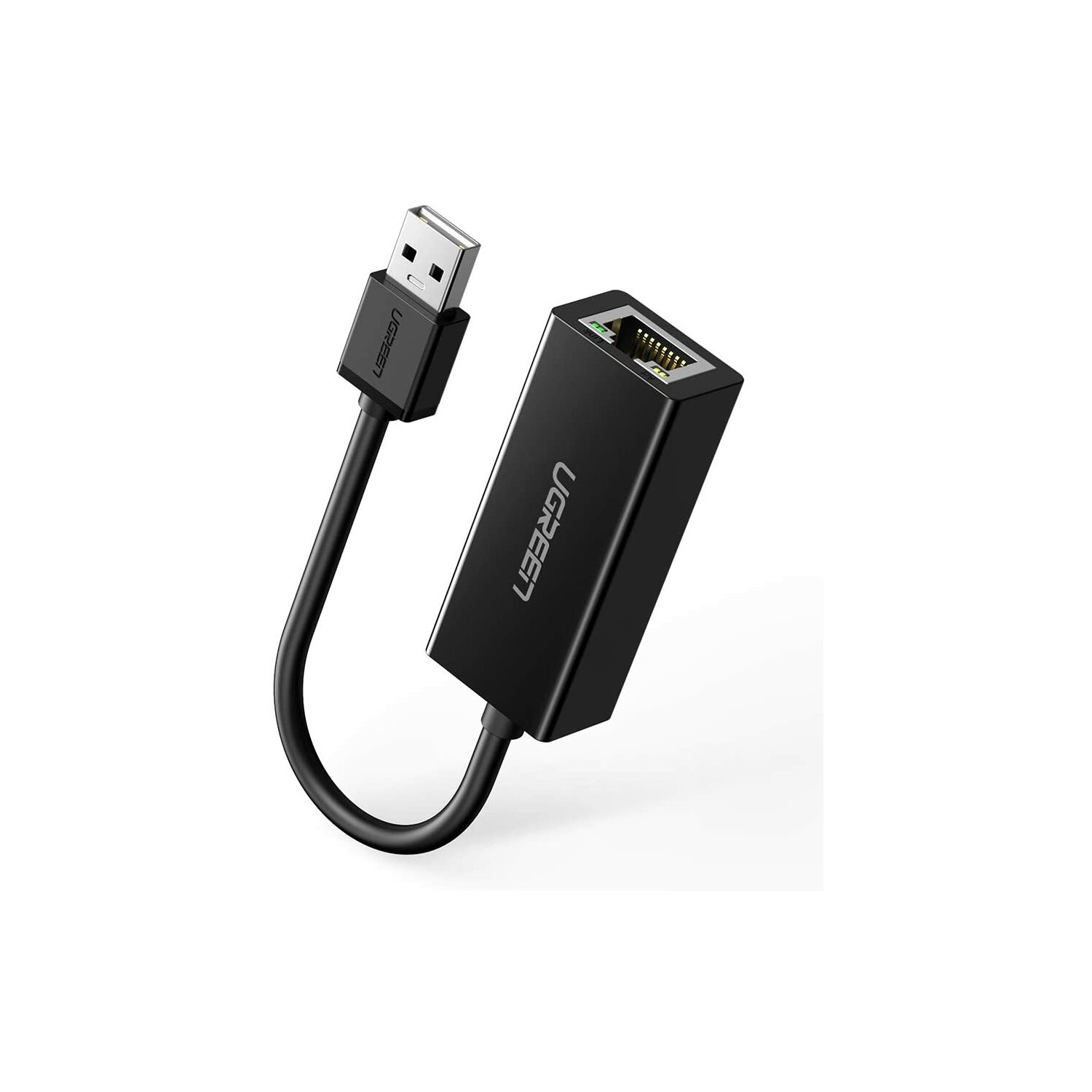 USB - Ethernet adaptörü siyah UGREEN, USB-A konektörlü. Beyaz zemin.