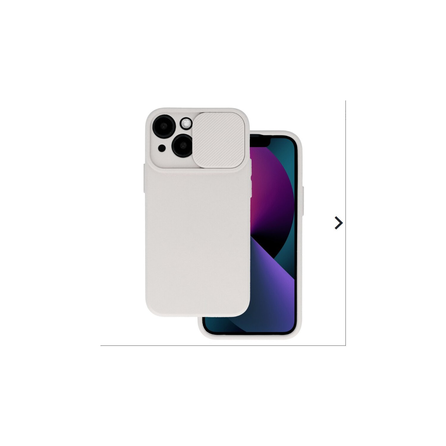 Weiße Handyhülle mit Kameraschieber und Telefon. Telefon befindet sich in der Hülle. Weiße Hülle.