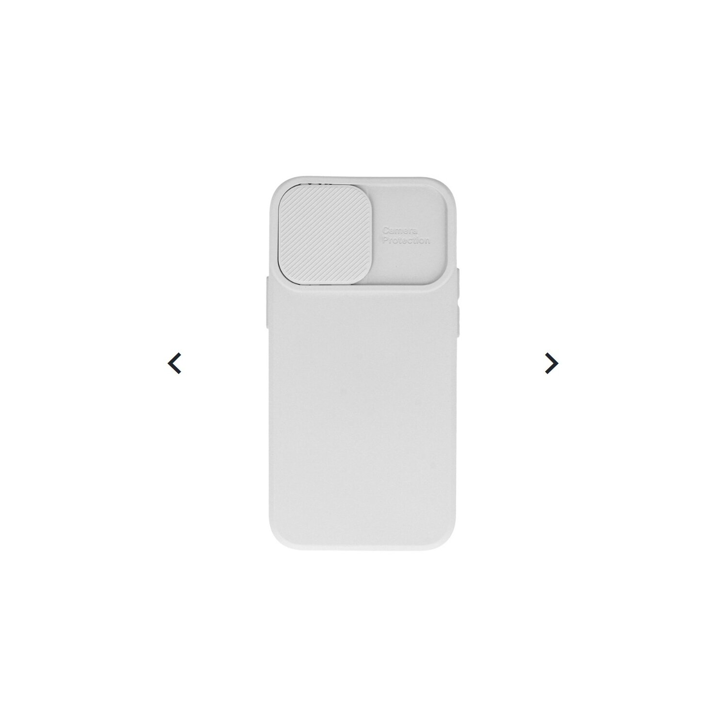 Una custodia bianca per telefono con una copertura per la fotocamera e frecce. Il telefono non è visibile.