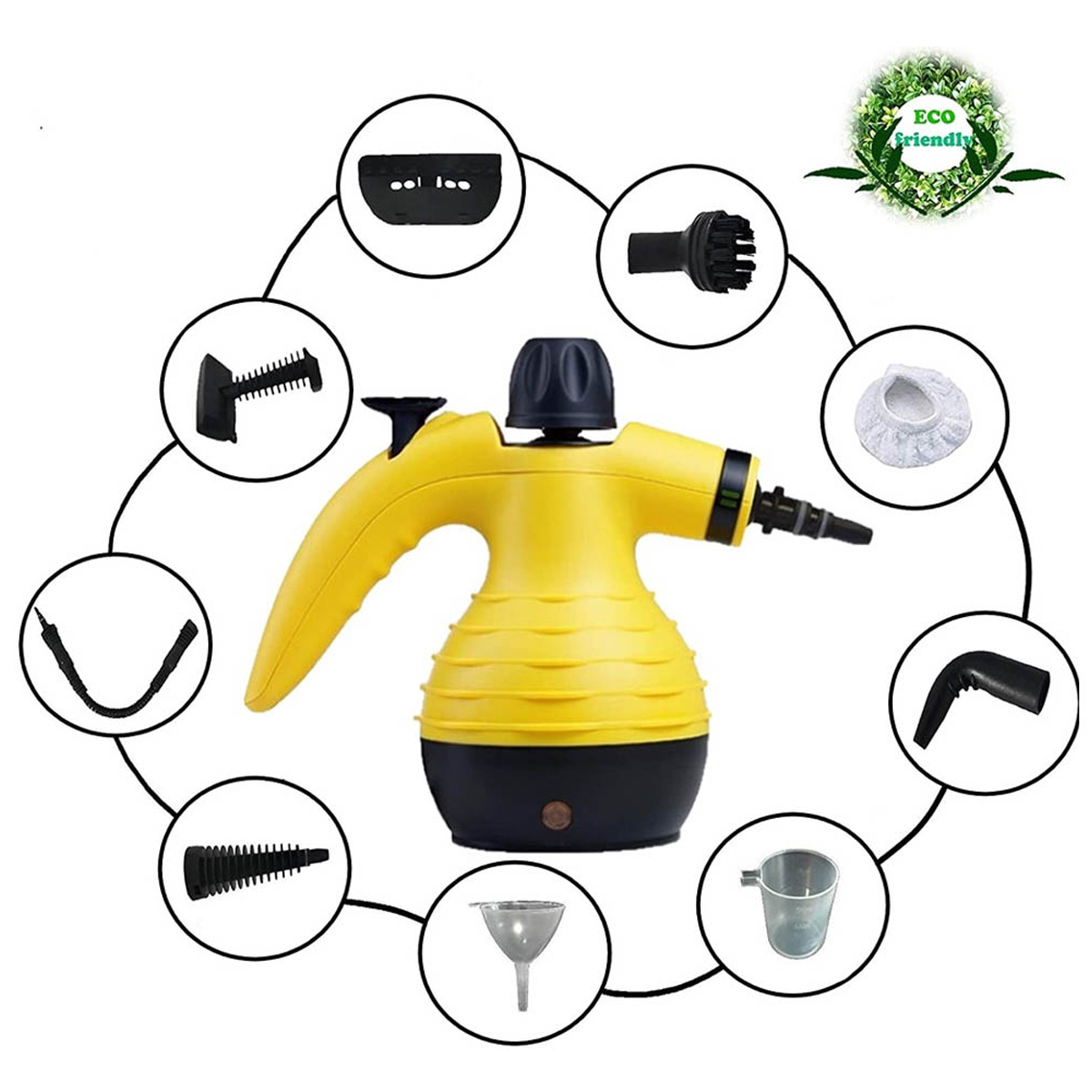 Limpiador de vapor portátil amarillo y negro con accesorios.