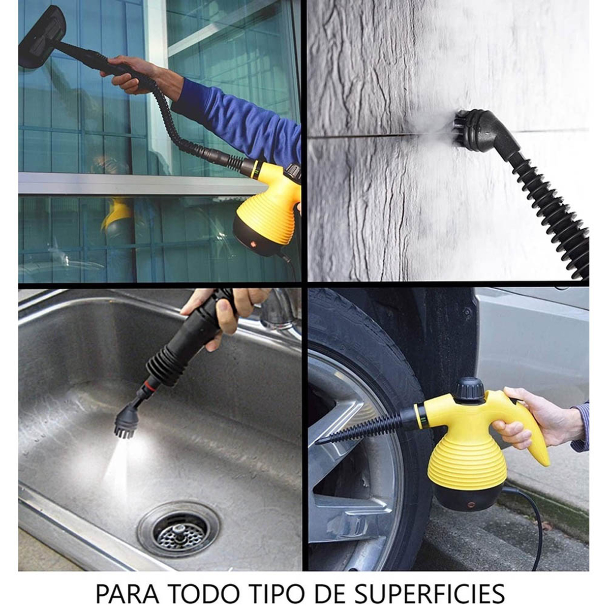 Un collage que muestra el uso de un limpiador a vapor amarillo en varias superficies.