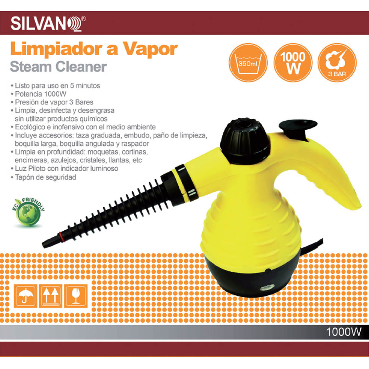 Un limpiador a vapor amarillo y negro con texto. El texto anuncia el producto y sus características.