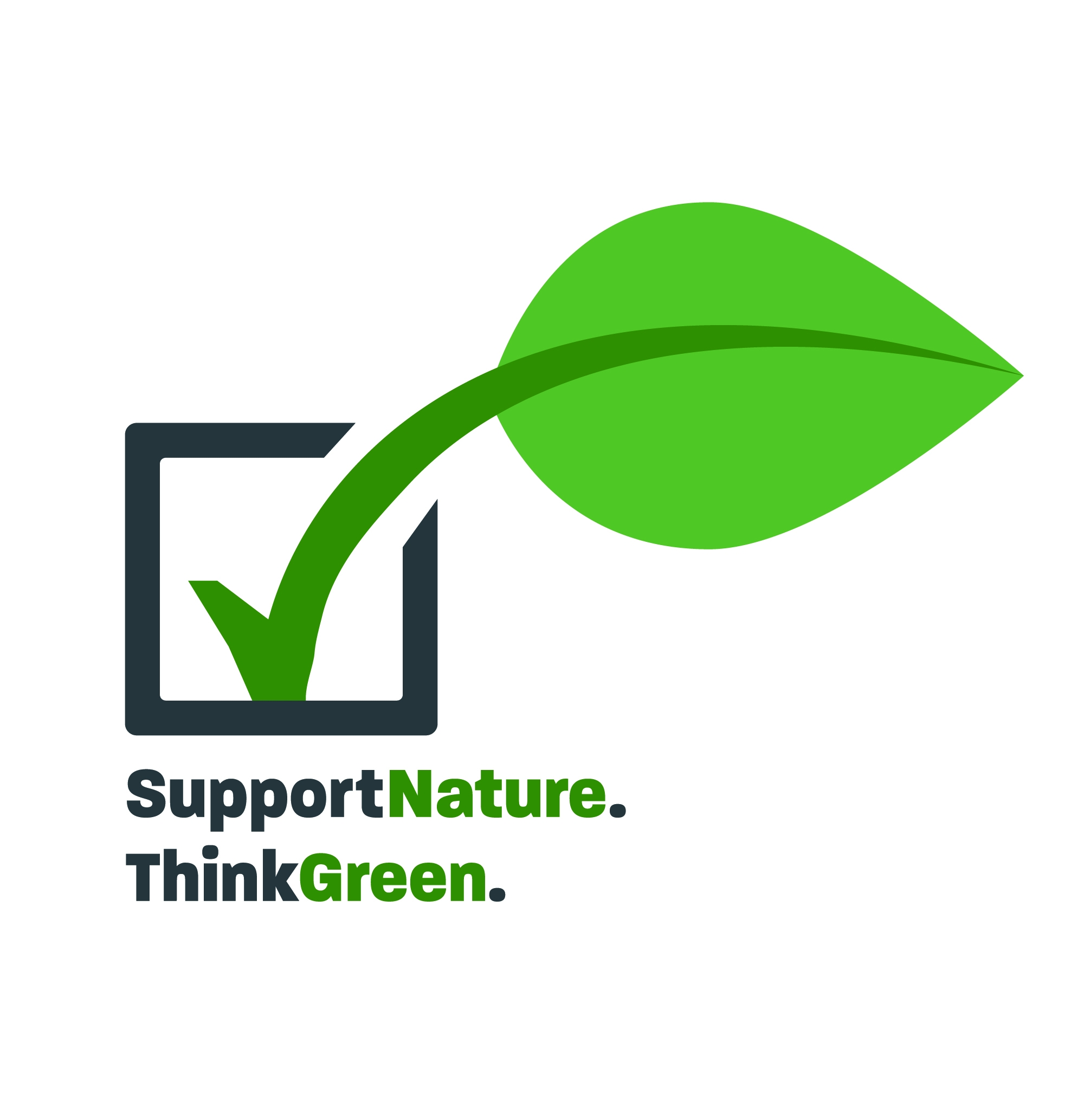 Logo mit einem Häkchen in einem Kästchen und einem grünen Blatt, mit dem Text 'SupportNature. ThinkGreen'.