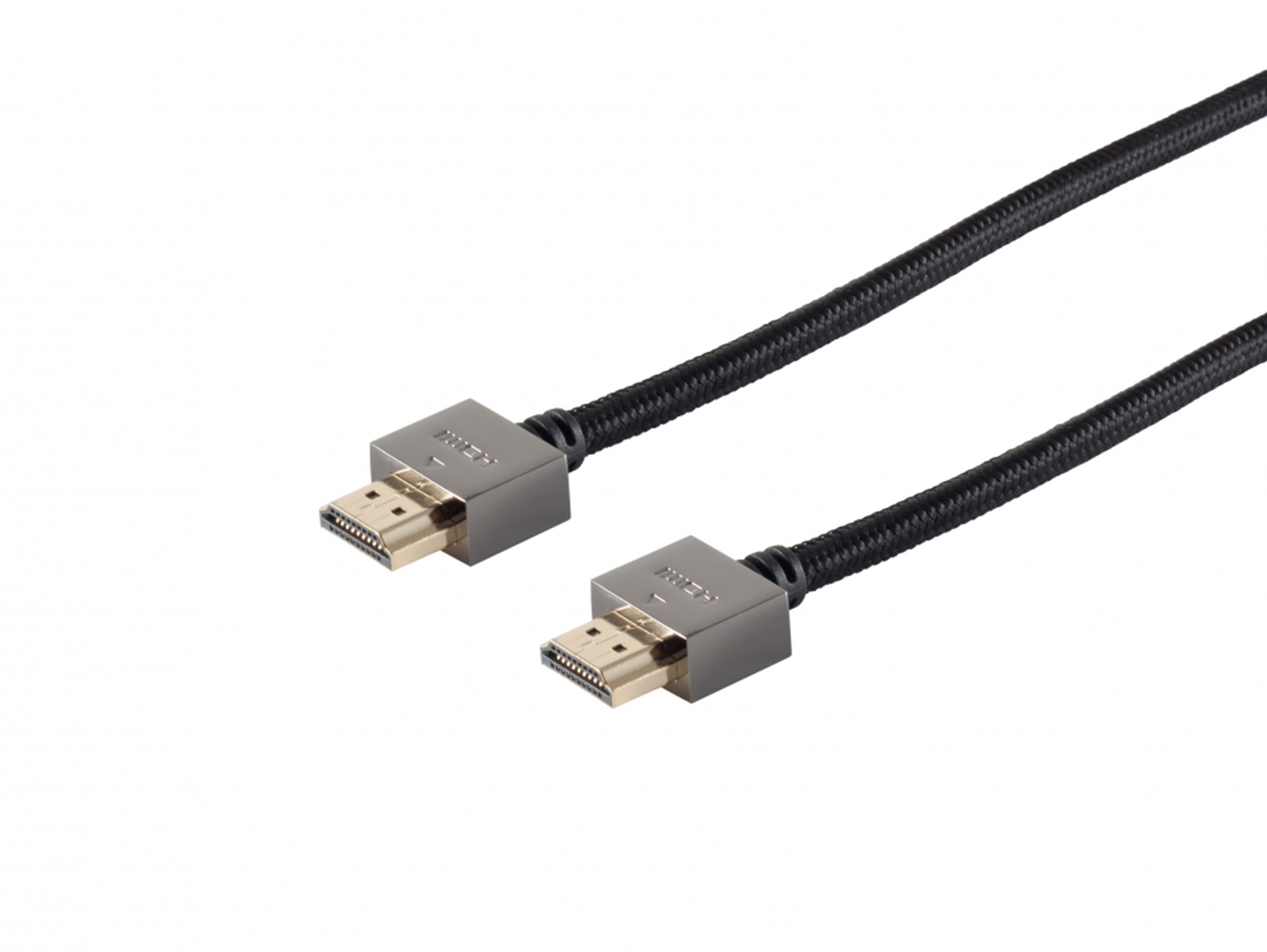 Zwei schwarze HDMI-Kabel mit goldenen Steckern auf weißem Hintergrund.