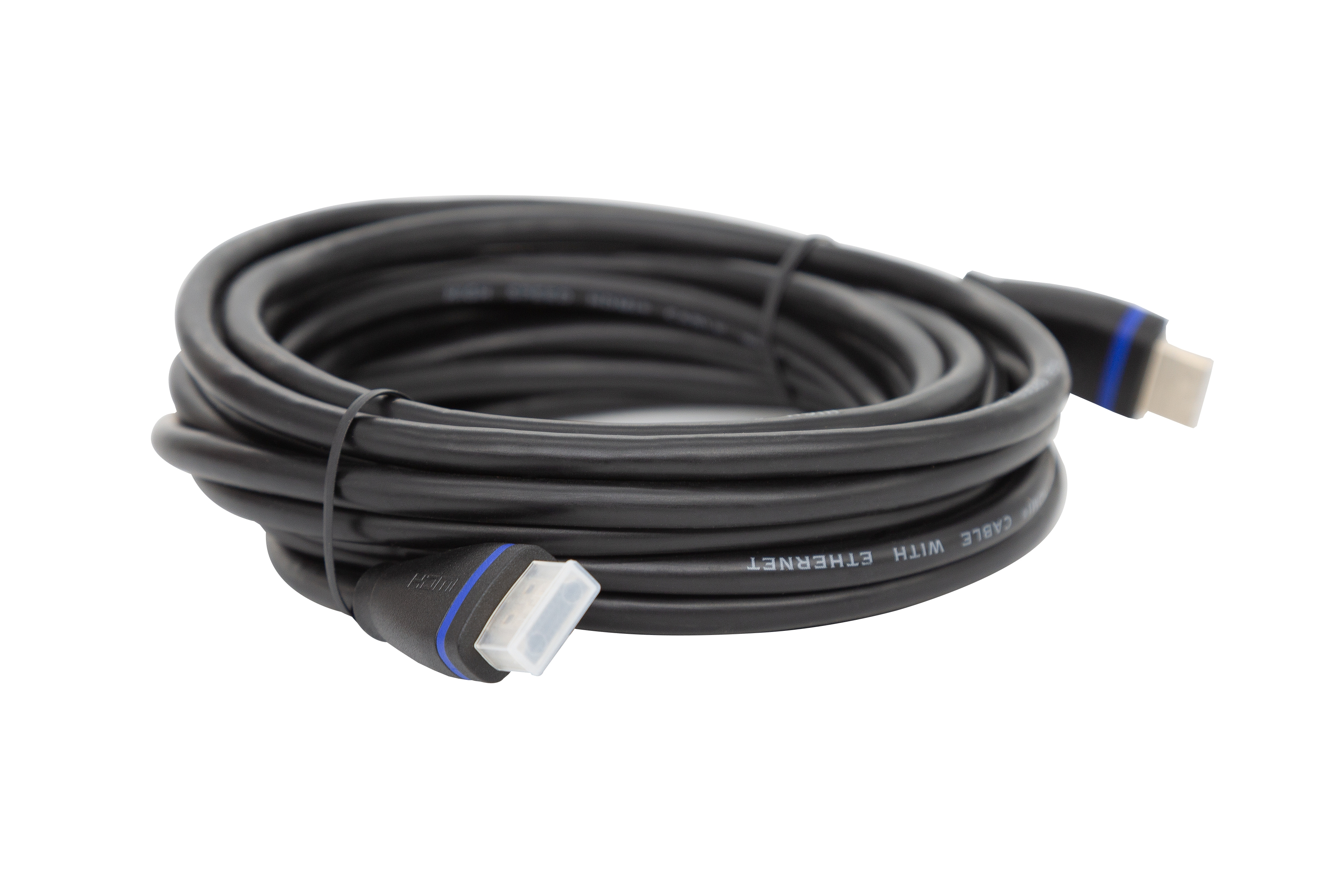 Ein schwarzes HDMI-Kabel aufgerollt mit zwei Anschlussenden, eines mit blauen Akzenten.