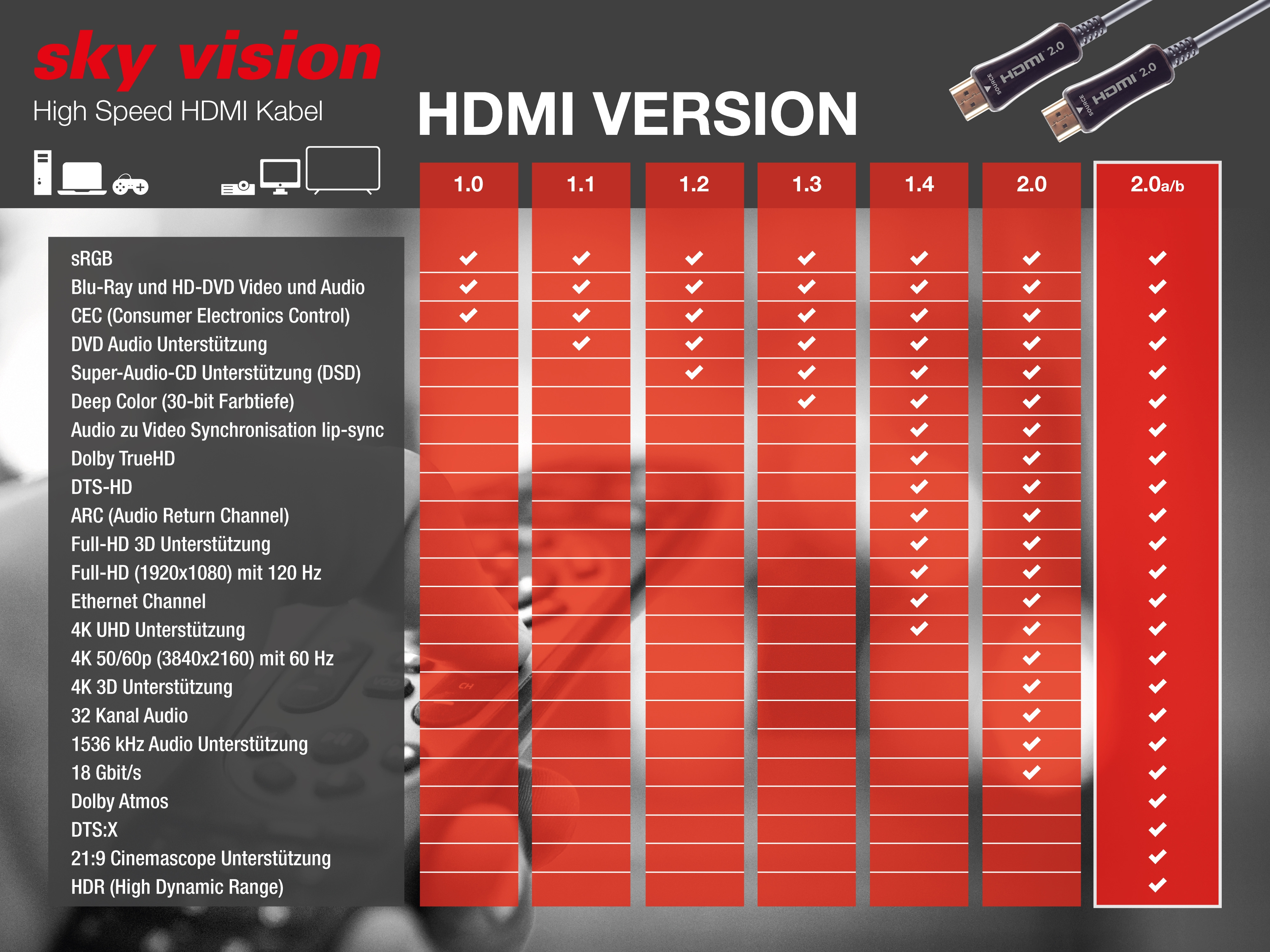HDMI-Kabel-Versionsdiagramm. Zeigt Versionsnummern von 1.0 bis 2.0a/b und Funktionen an.