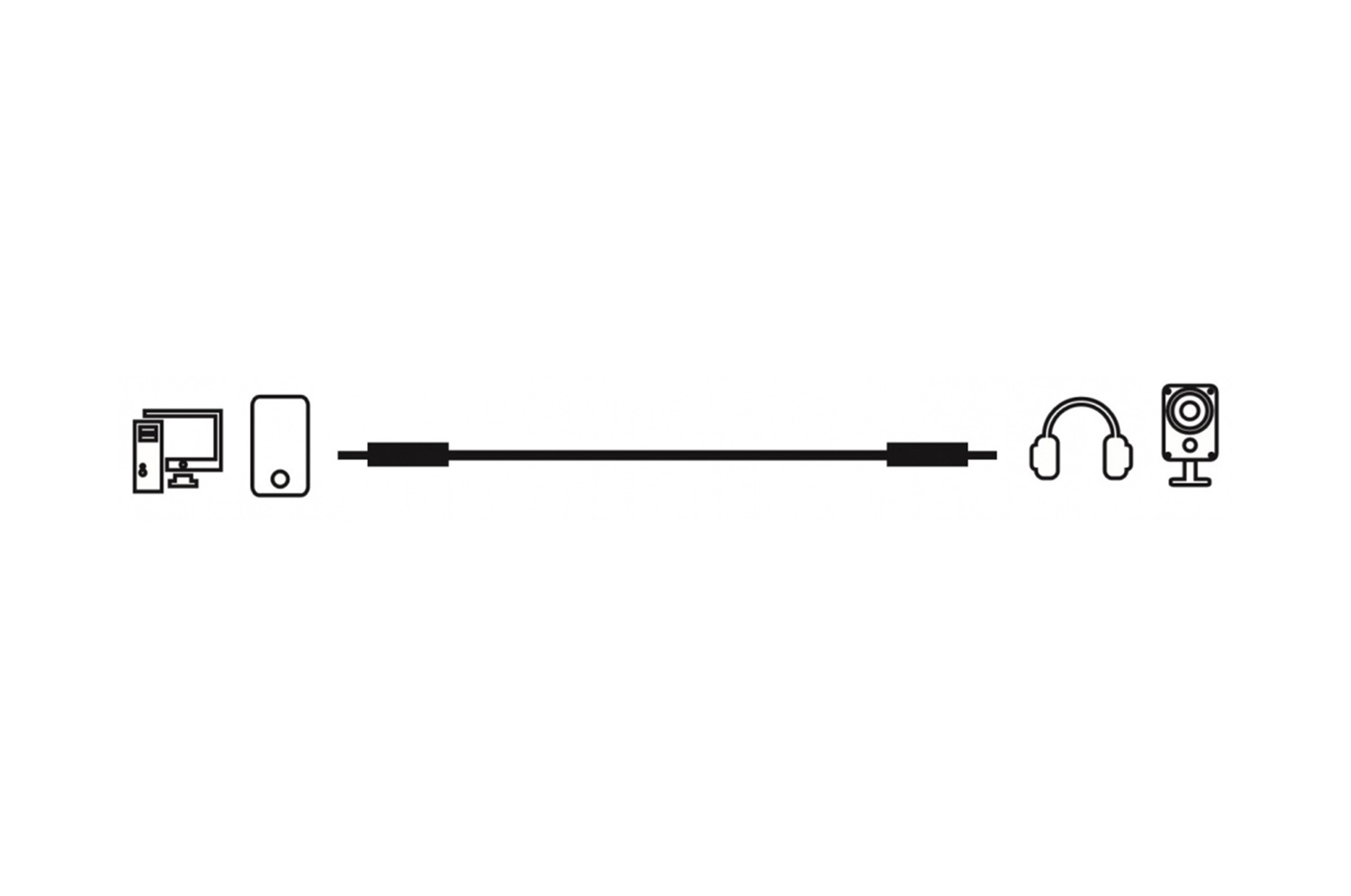 Strichzeichnung von Computer, Turm, Kabel, Kopfhörern und Lautsprecher auf weißem Hintergrund.
