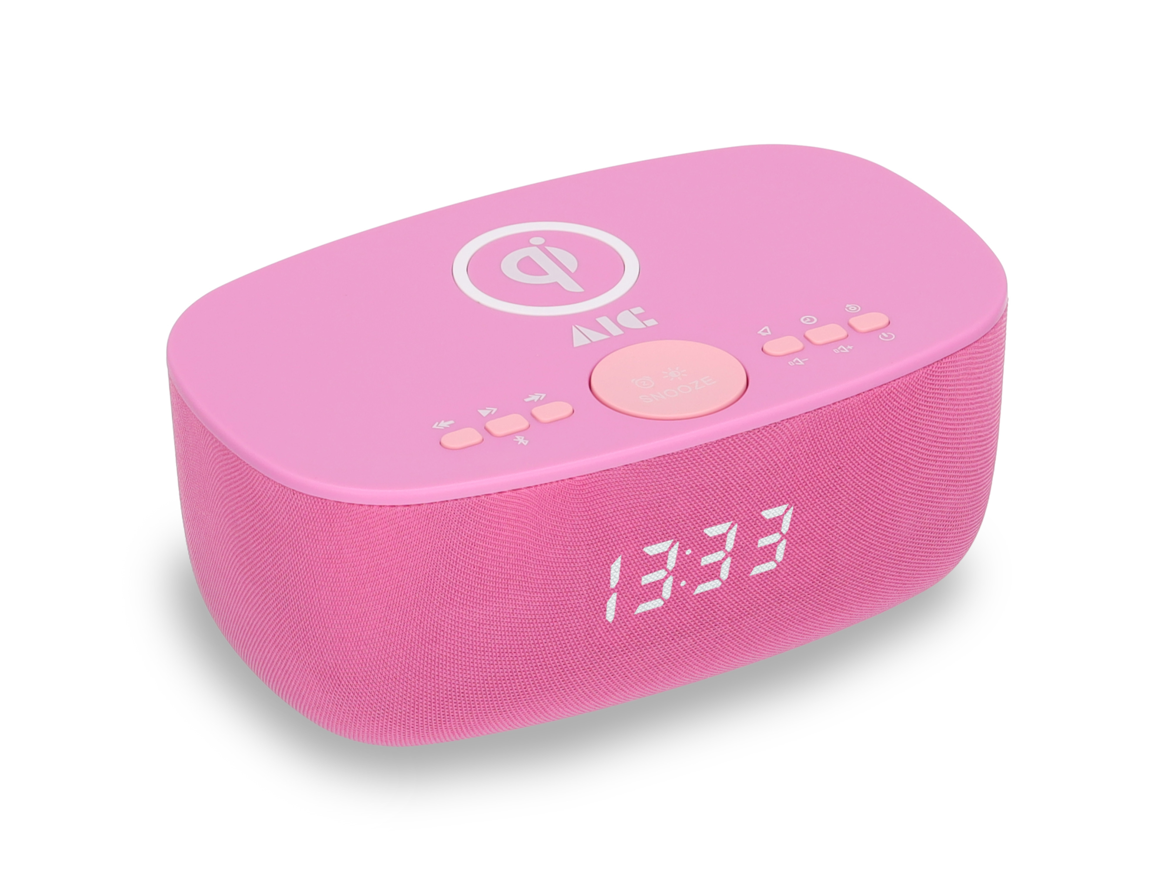 Pinker Wecker. Digitalanzeige, Knöpfe und ein kabelloses Ladesymbol oben.