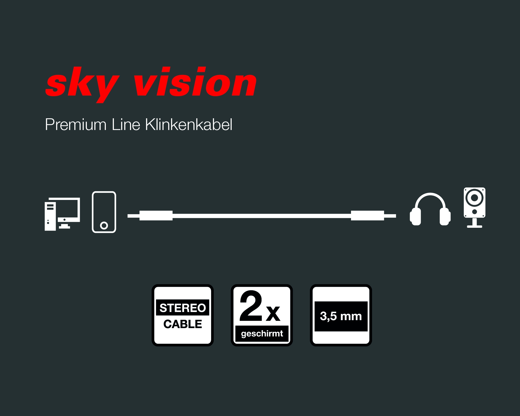 Das Bild zeigt ein Kabel, das Geräte verbindet. Der Text deutet auf ein Stereokabel mit 3,5-mm-Klinken hin.