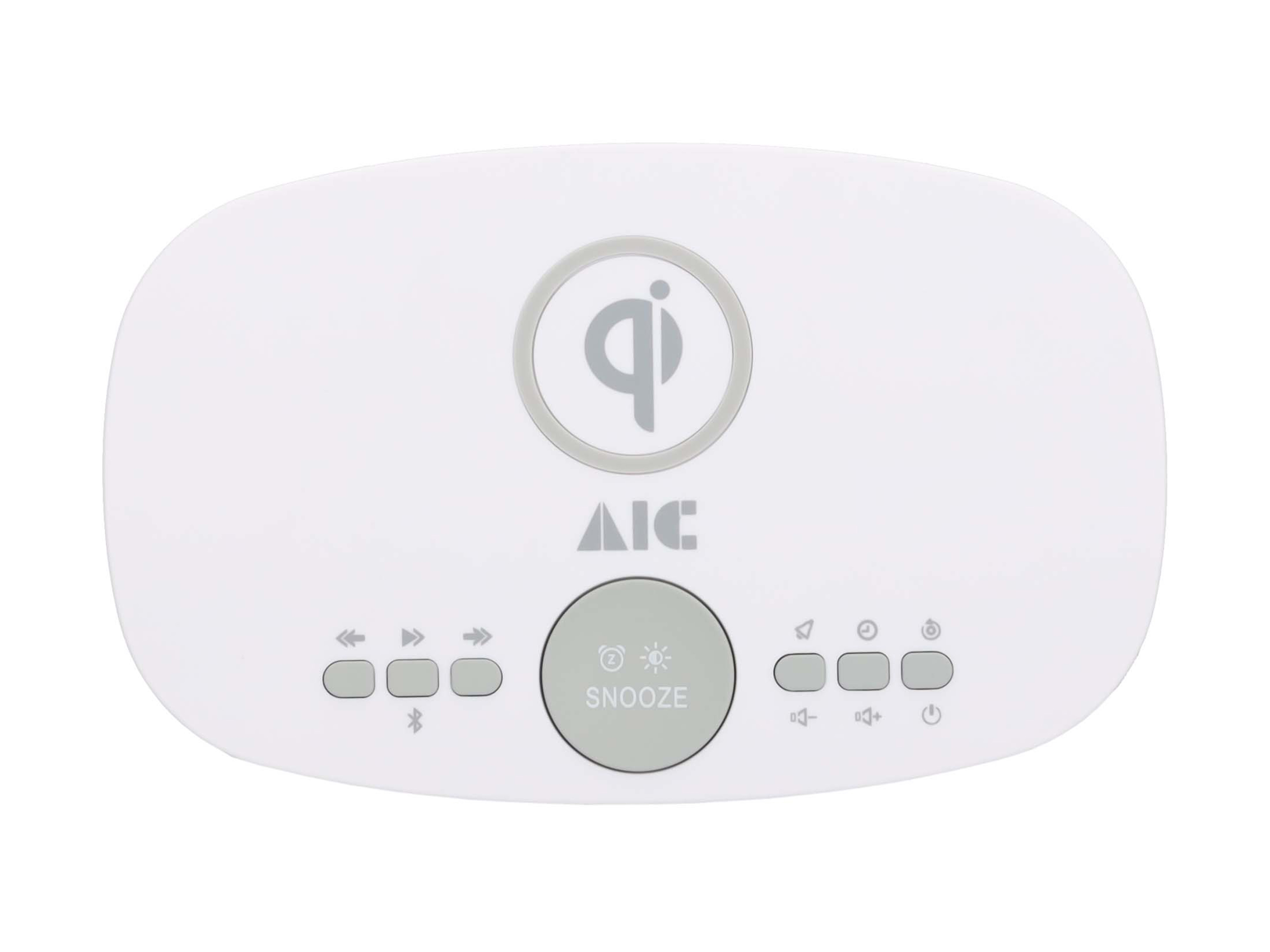 Wecker mit Schlummertaste, Knöpfen und AIC-Logo.