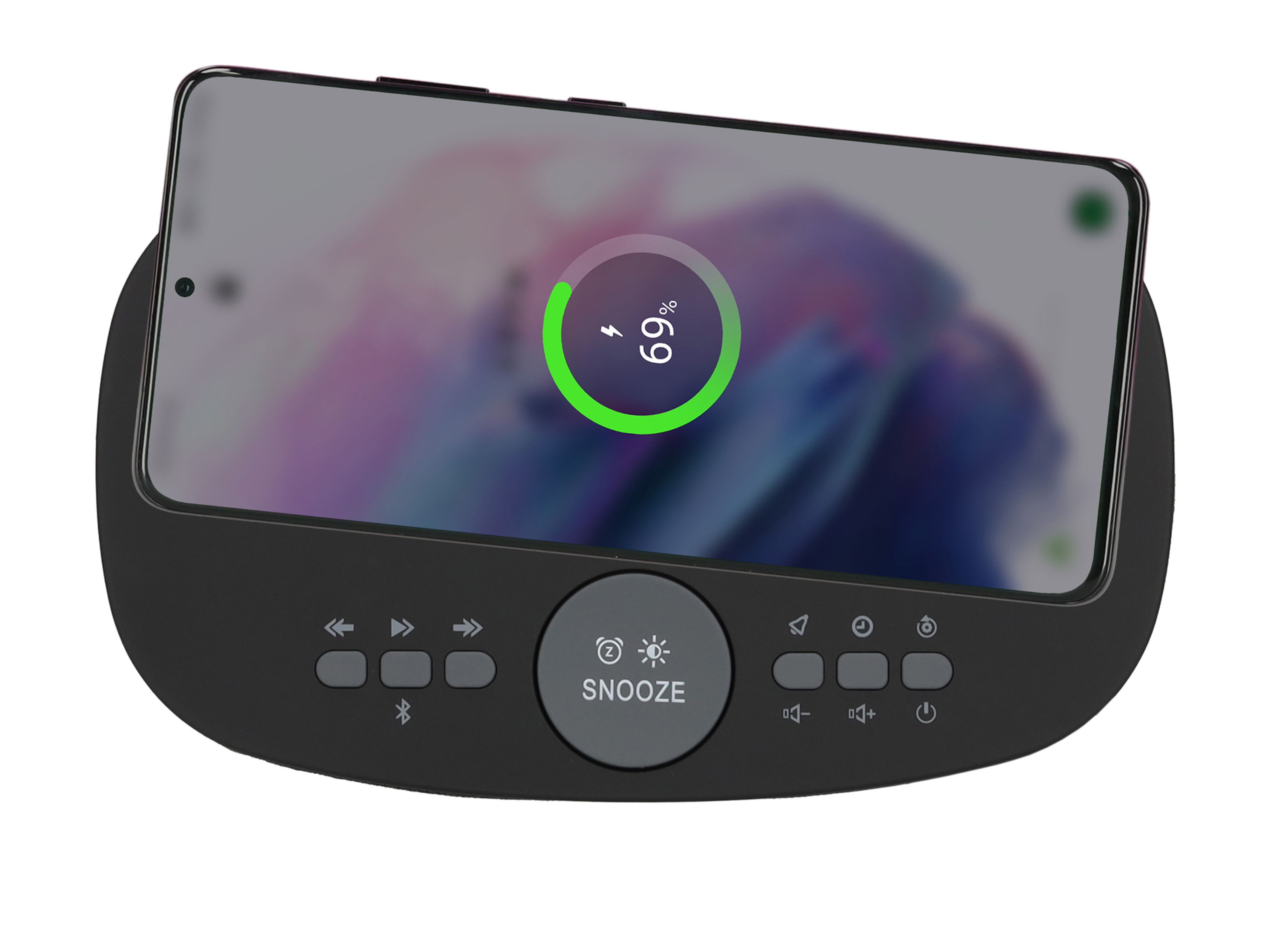 Eine schwarze Ladestation mit Telefon, das 69 % Akku anzeigt, auf weißem Hintergrund.