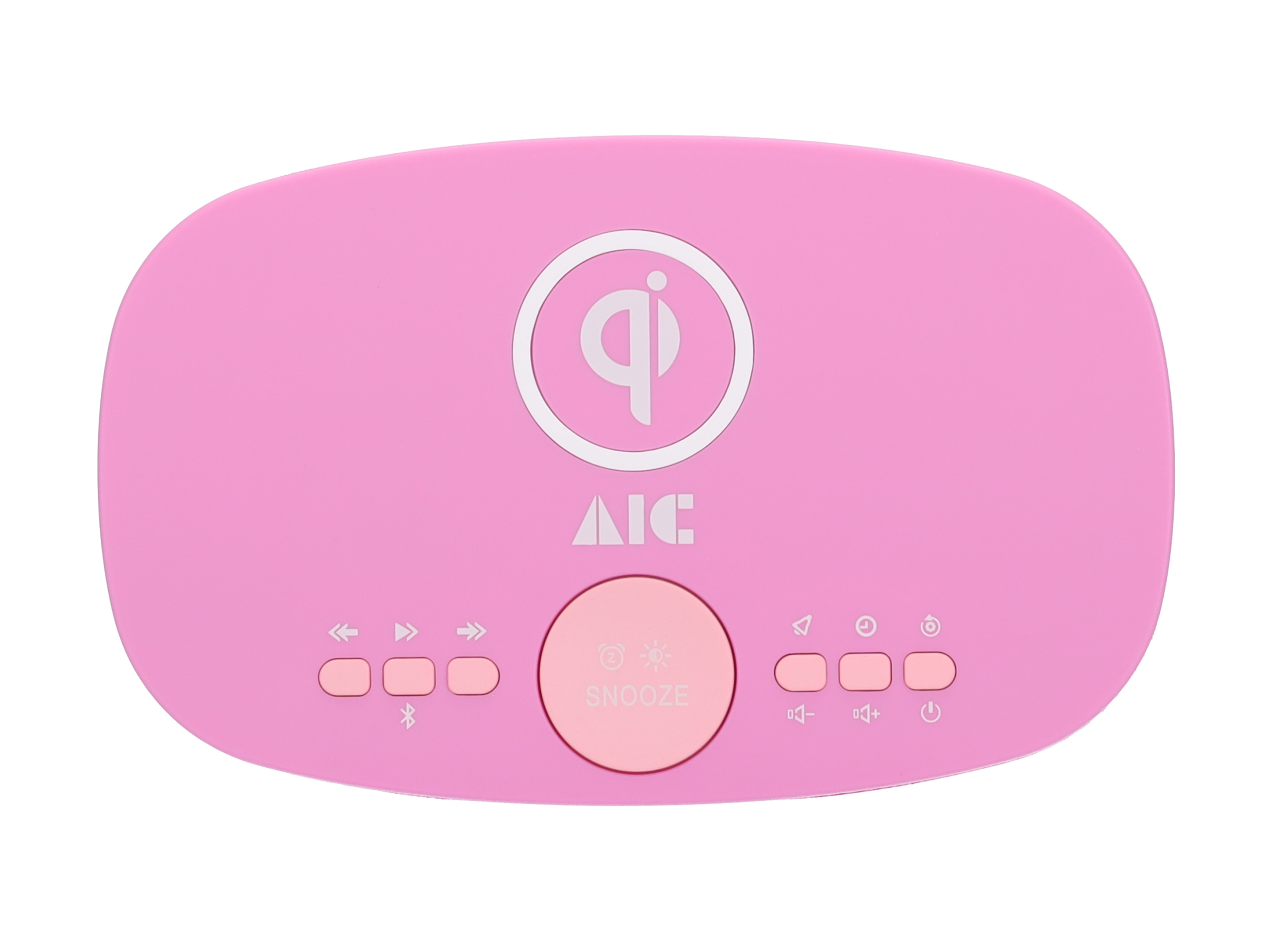 Rosa Wecker mit Knöpfen und Schlummertaste. Oben befindet sich ein Qi-Logo.