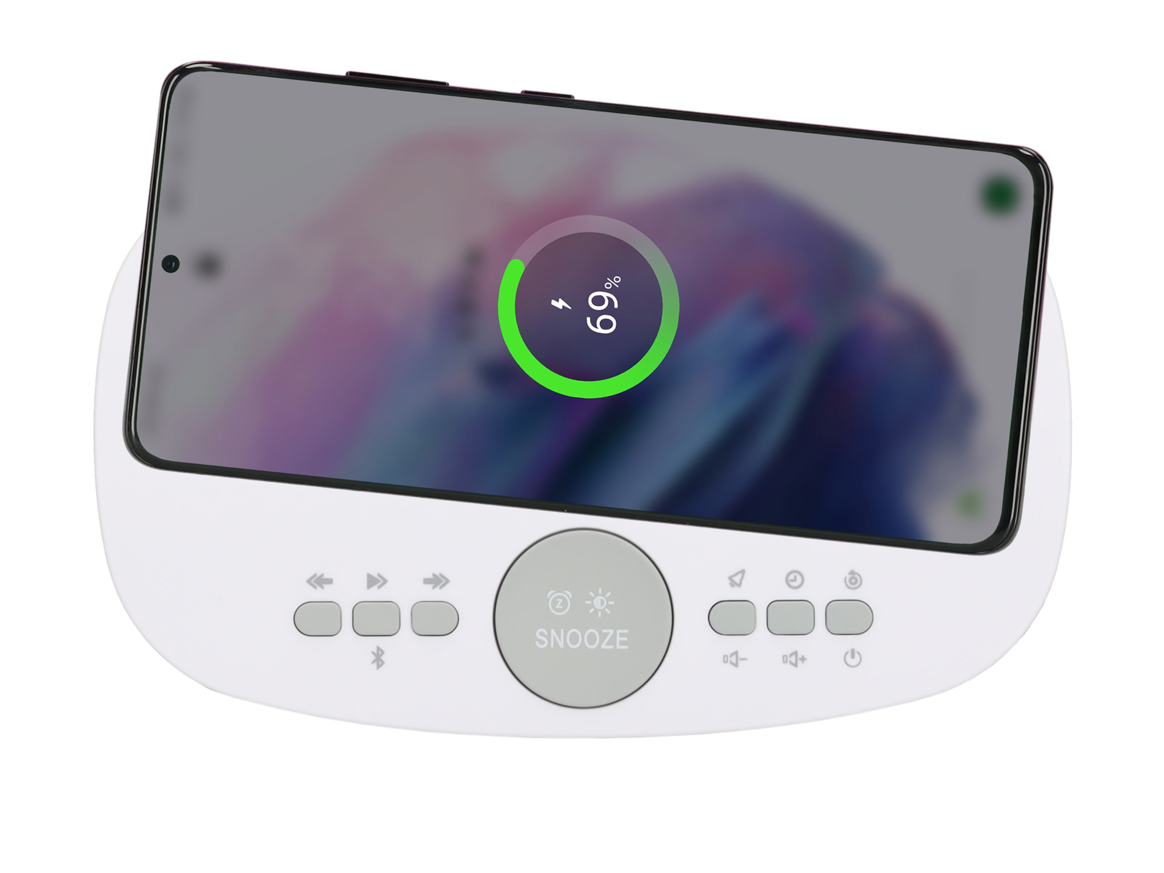 Telefon auf weißer Ladestation. Bildschirm zeigt 69 % Ladung. Tasten für Bedienelemente befinden sich unter dem Telefon.