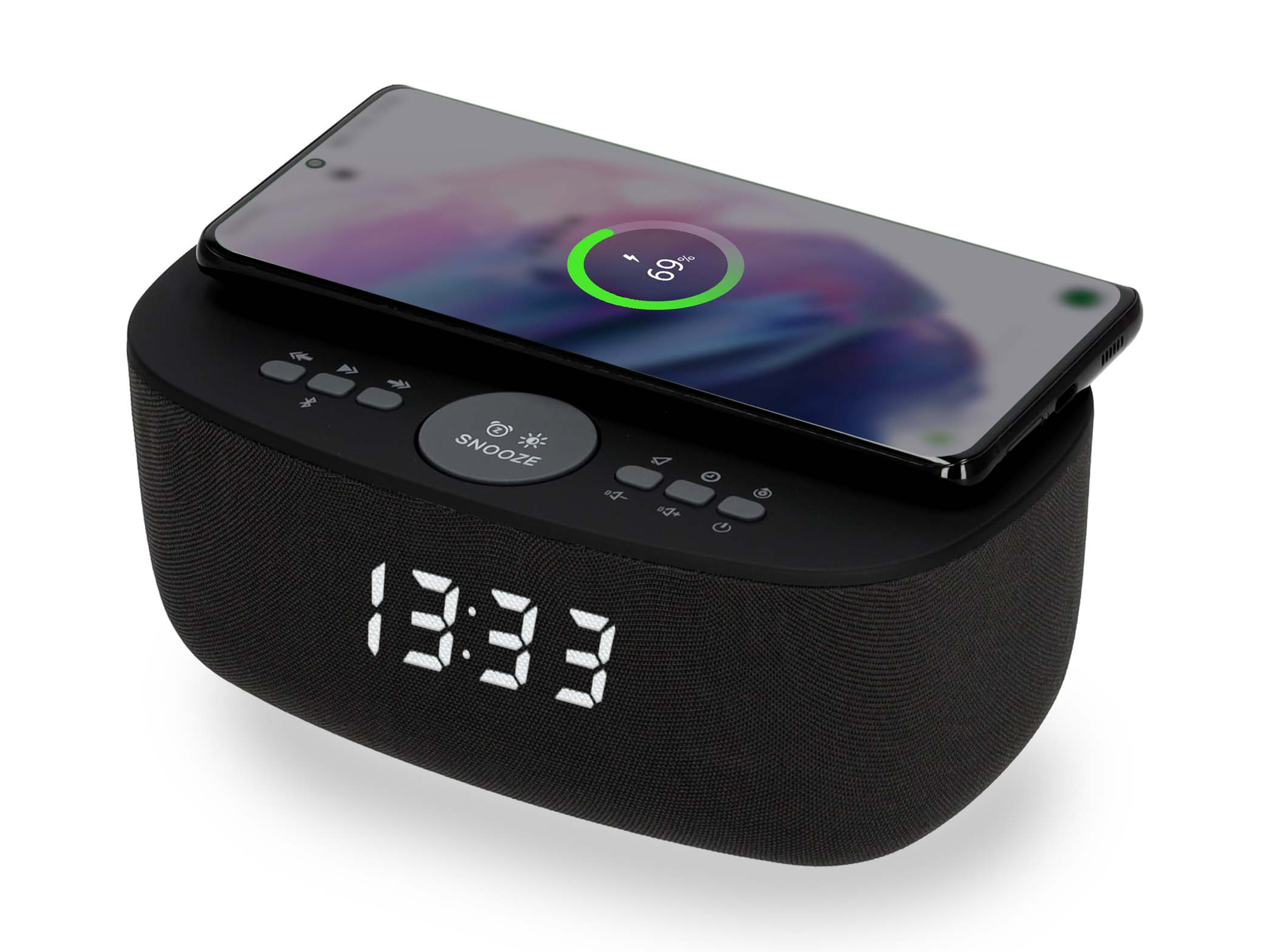 Schwarzer Wecker mit Telefon obenauf, zeigt die Uhrzeit 13:33 und den Ladestatus an.
