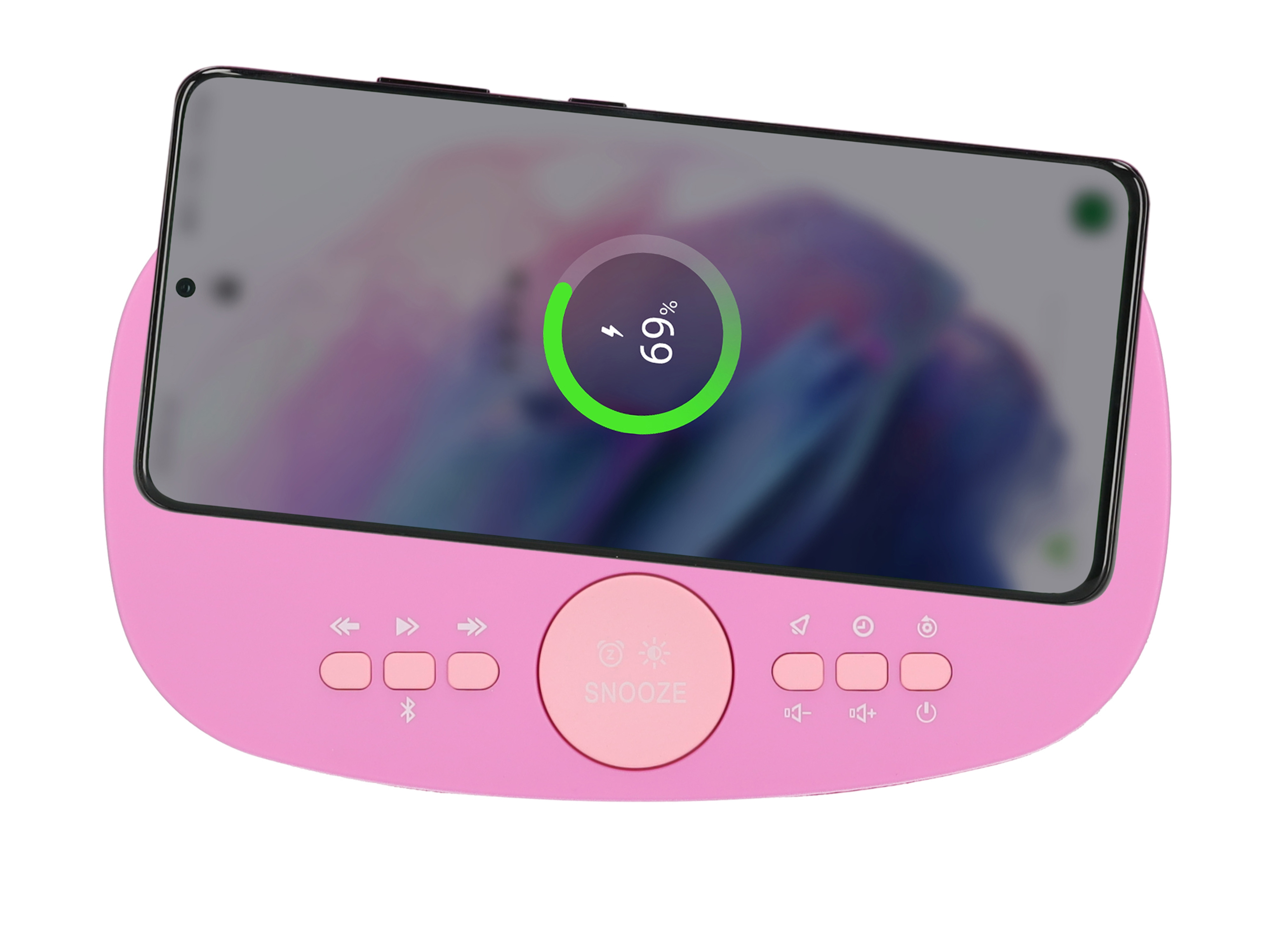 Rosa Wecker mit Smartphone, das oben auflädt und den Ladefortschritt anzeigt. Knöpfe und Schlummertaste.