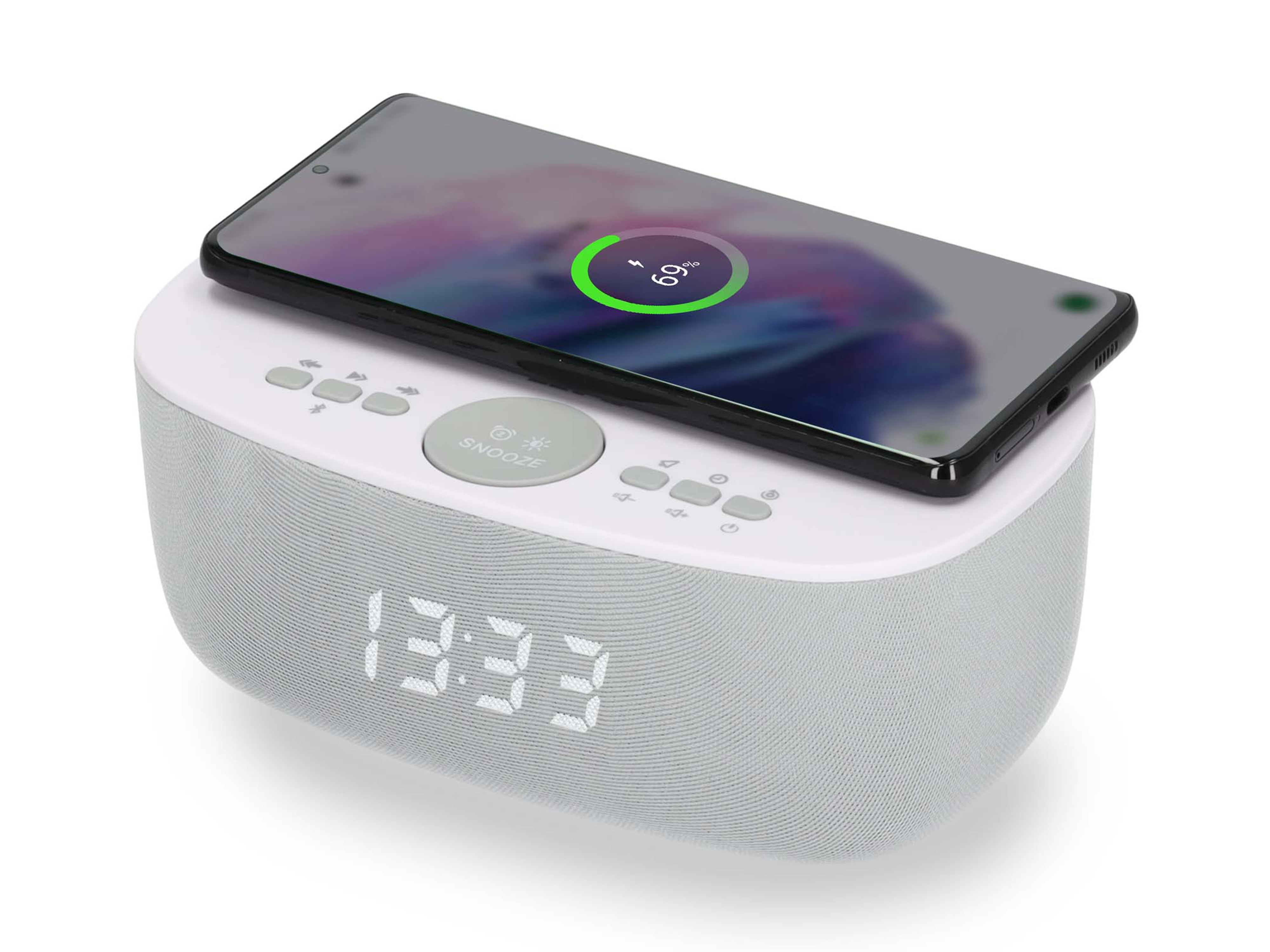 Ein grauer Wecker mit einem Telefon oben drauf, das eine Ladeanzeige von 69% zeigt.