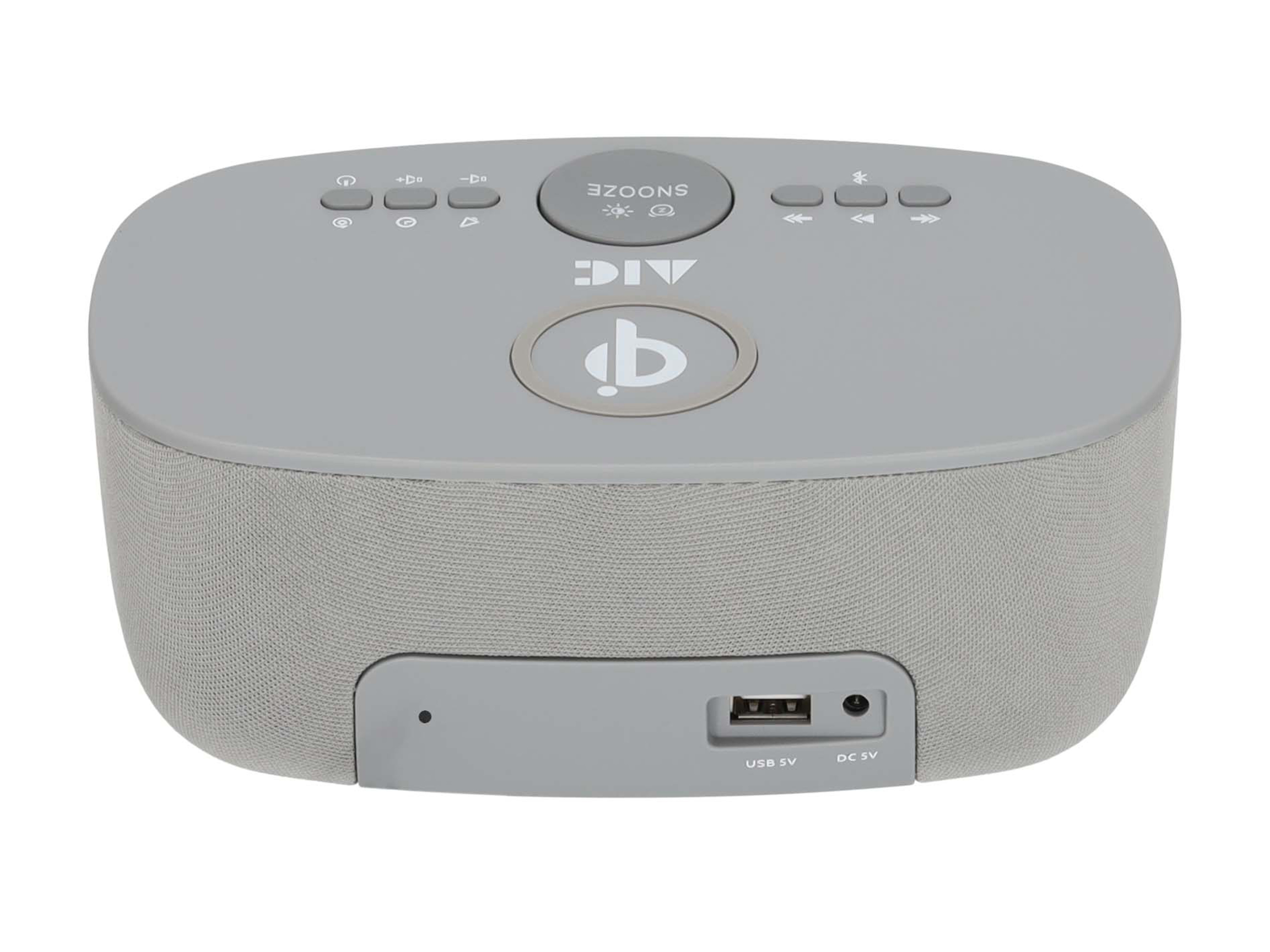 Grauer ovaler Lautsprecher mit Knöpfen. Er hat einen USB-Anschluss und einen DC 5V Anschluss.