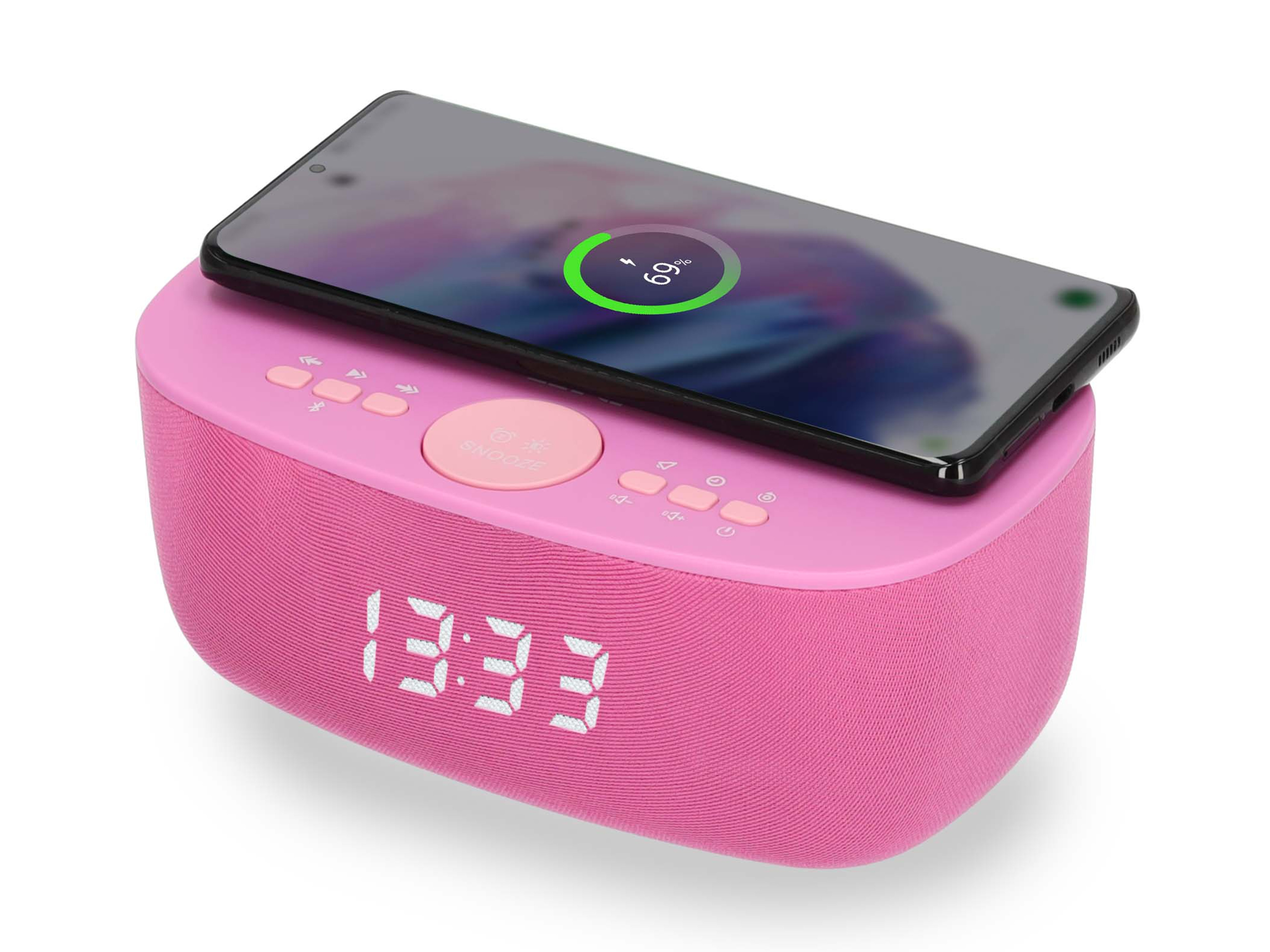 Rosa Wecker mit Telefon aufladen. Telefon zeigt 69% Ladung. Zeit ist 13:33.