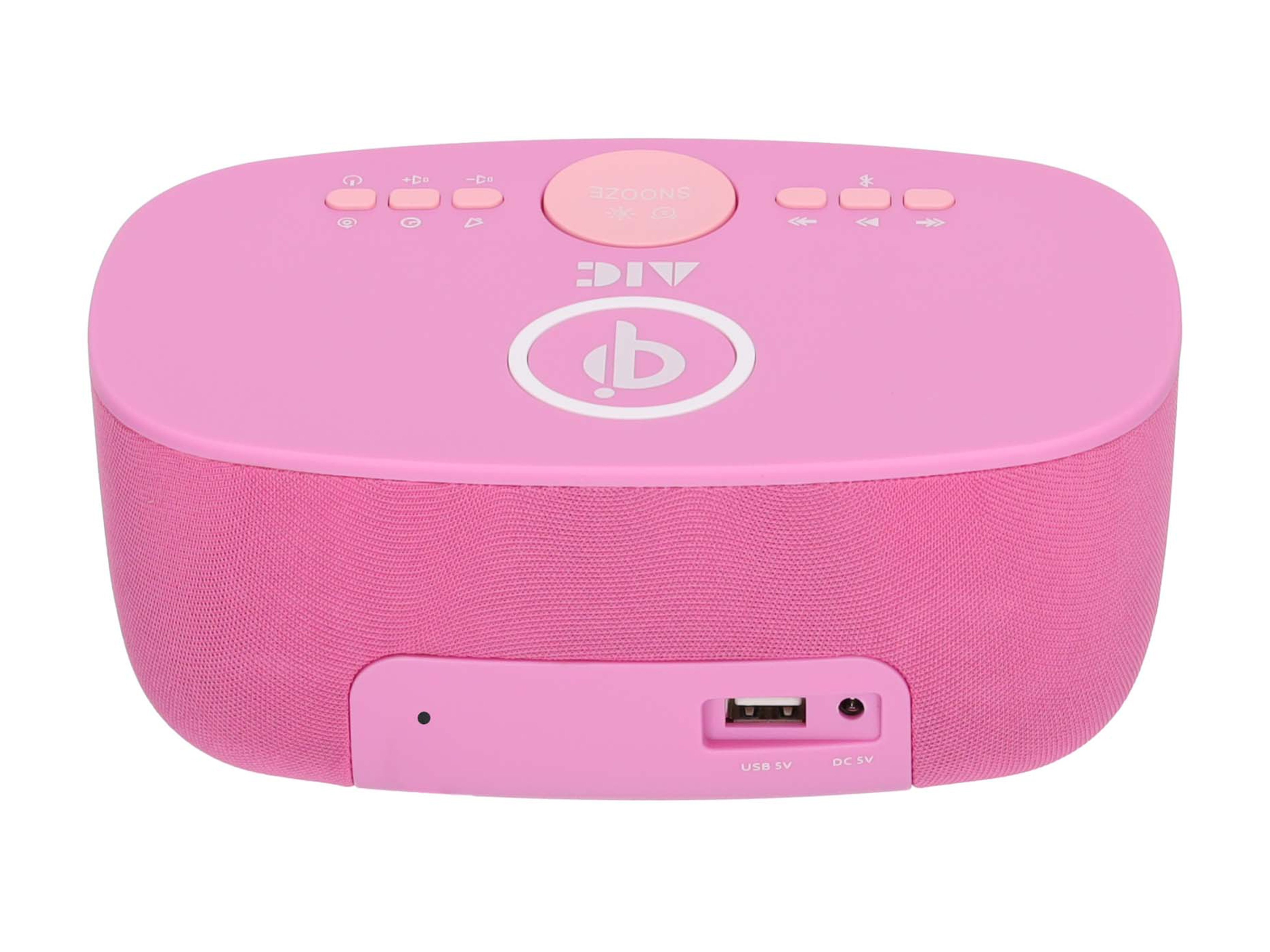 Pinker digitaler Wecker mit Knöpfen und einem USB-Anschluss. Weißer Hintergrund.