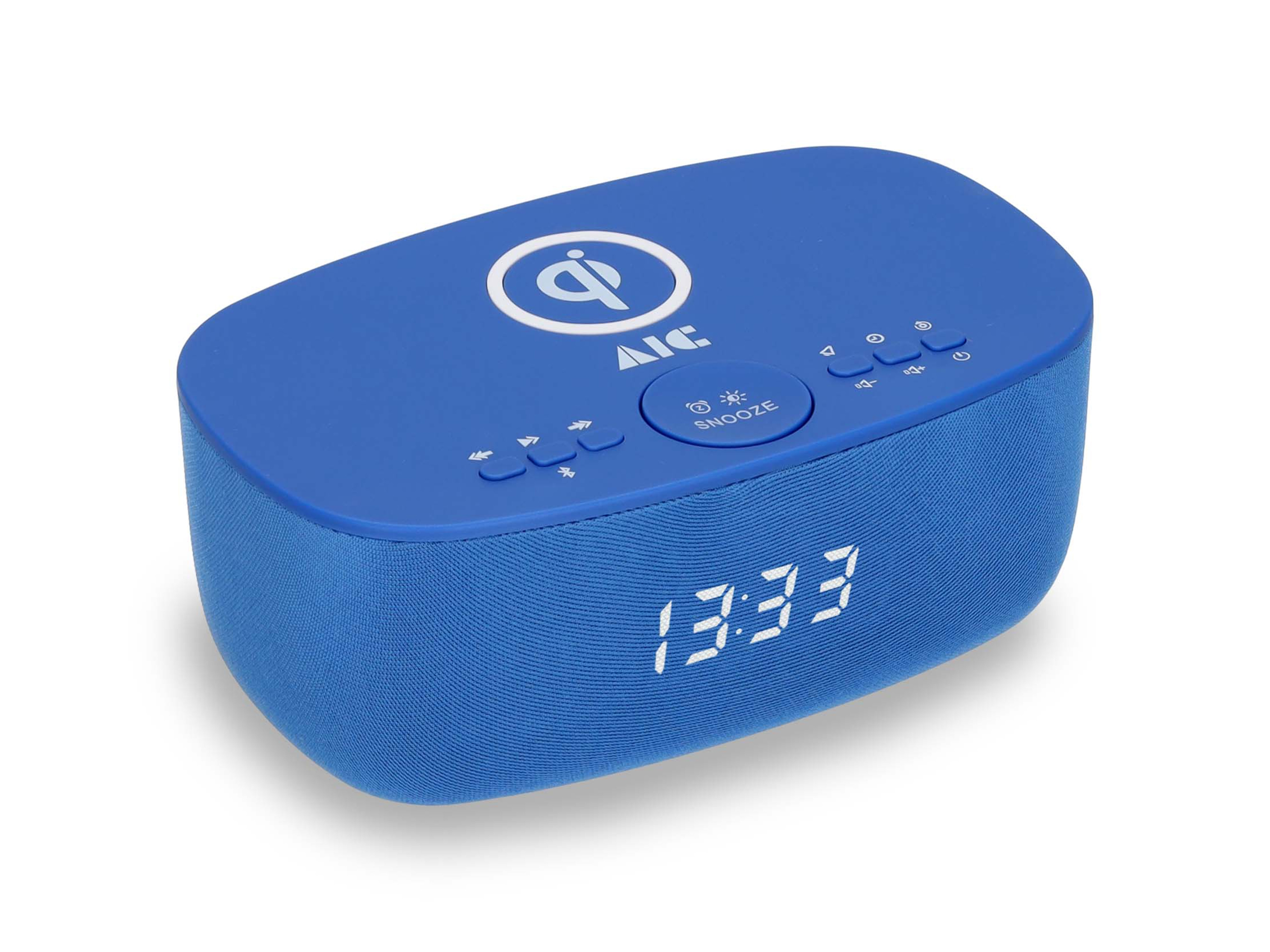 Blauer Wecker, zeigt Zeit, mit Tasten und kabellosem Ladesymbol.