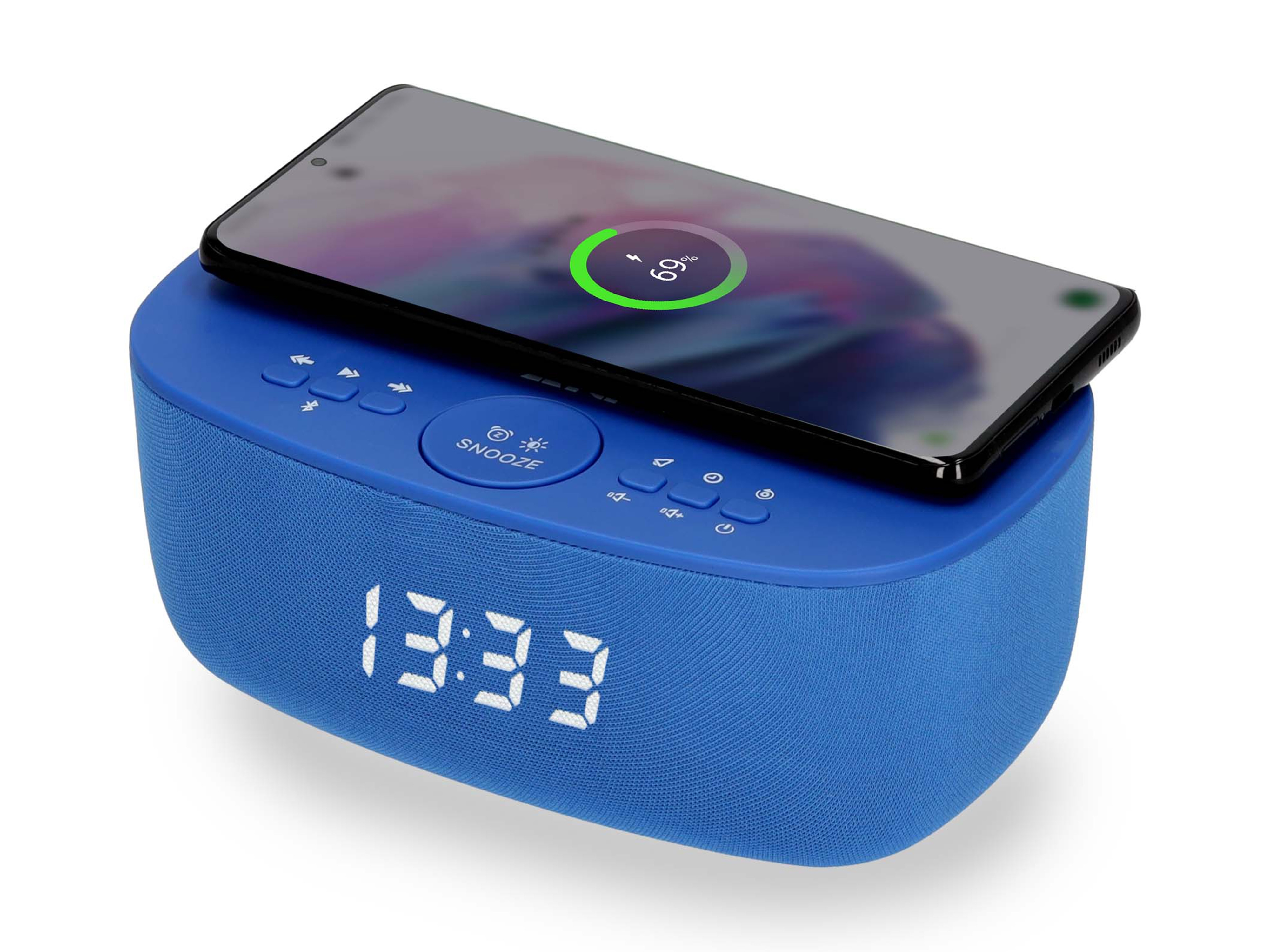 Ein blauer Wecker mit einem Telefon oben, das 69% Aufladung und die Zeit 13:33 anzeigt.