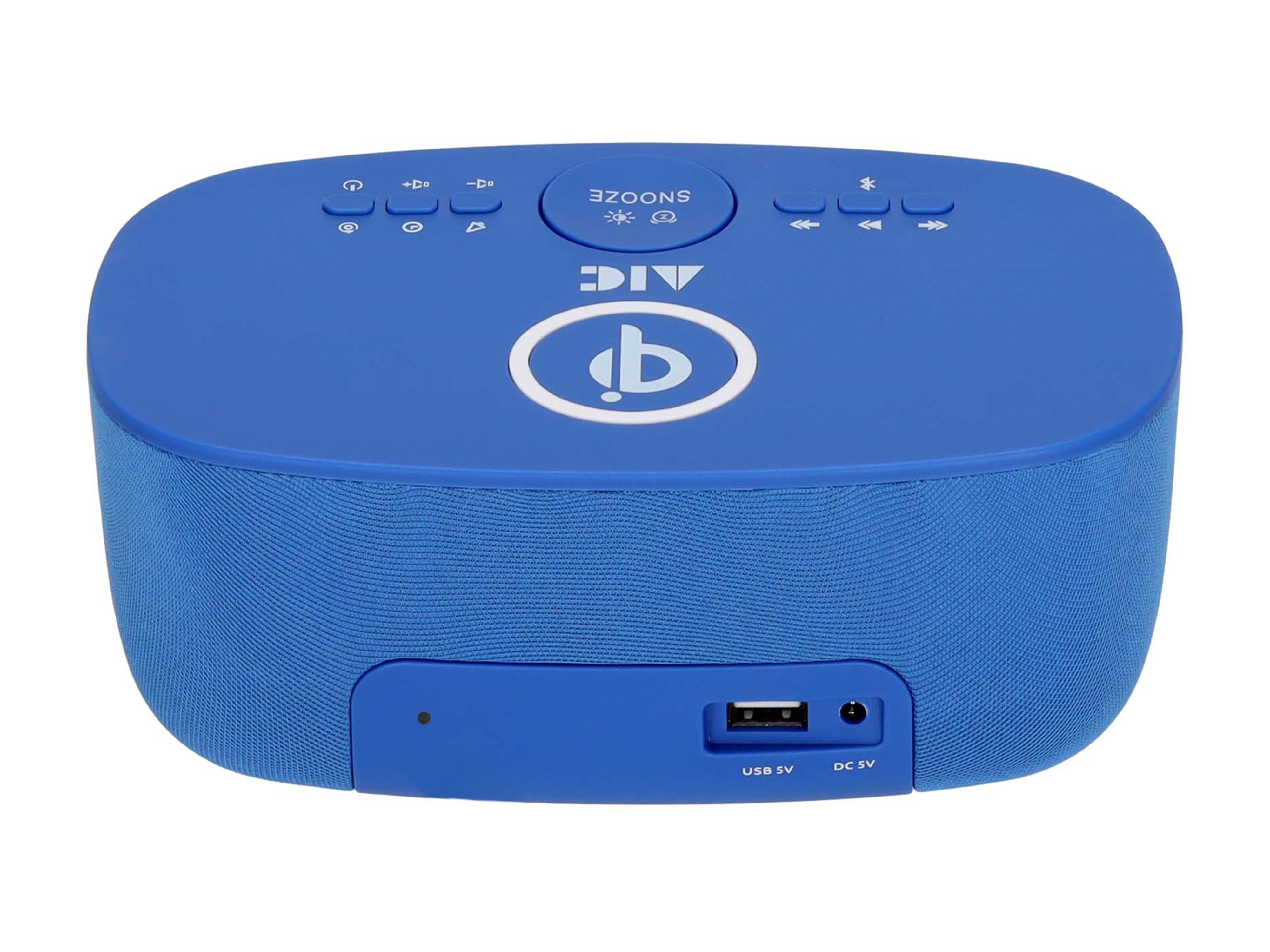 Blauer, ovaler Lautsprecher mit Knöpfen. Verfügt über USB- und DC-Anschlüsse.