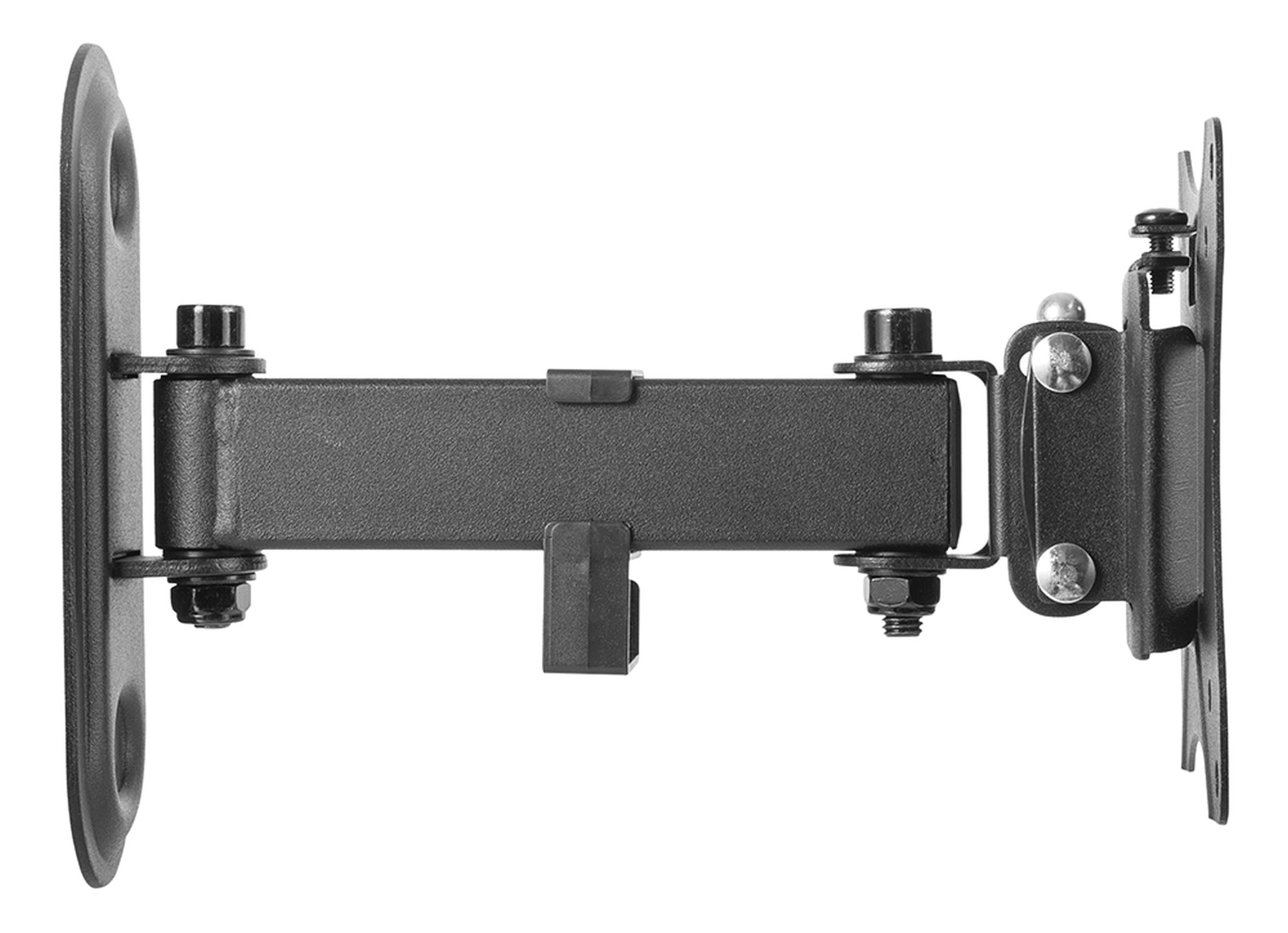 Soporte de pared para TV metálico negro con múltiples articulaciones y tornillos, sobre fondo blanco.