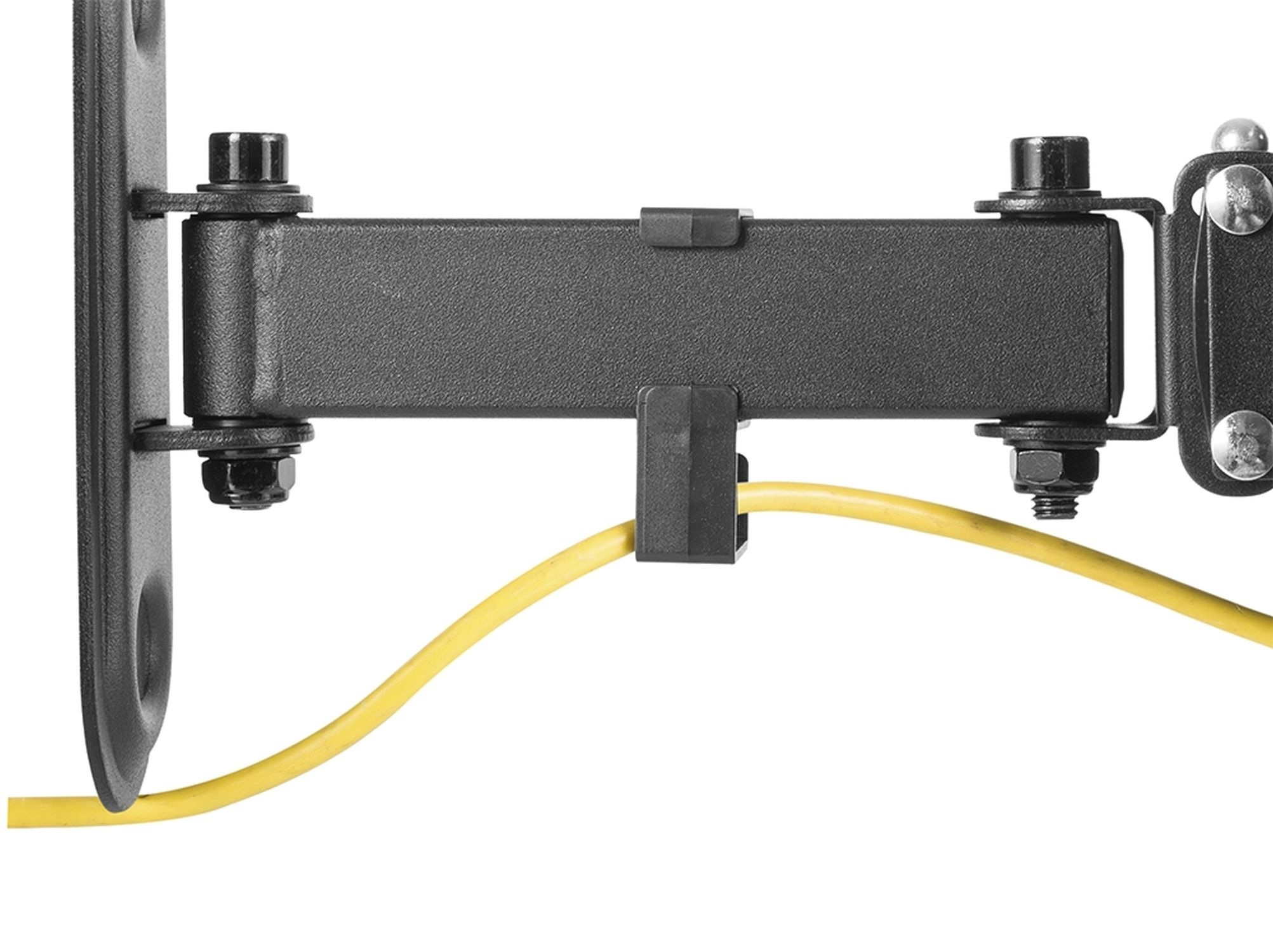 Primer plano de un soporte metálico negro con un cable amarillo sujeto, sobre un fondo blanco.