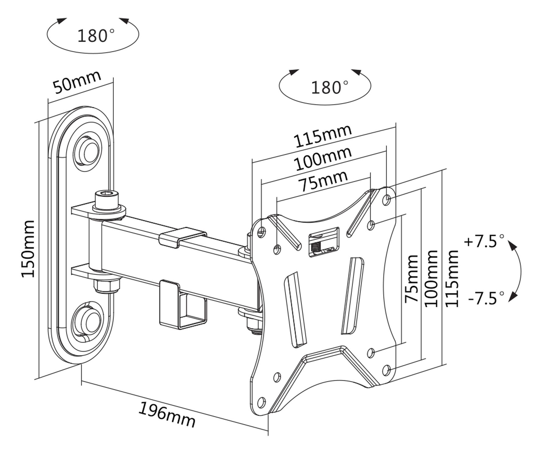 Un soporte para montaje en pared con medidas y ángulos, mostrado en un estilo de dibujo técnico.