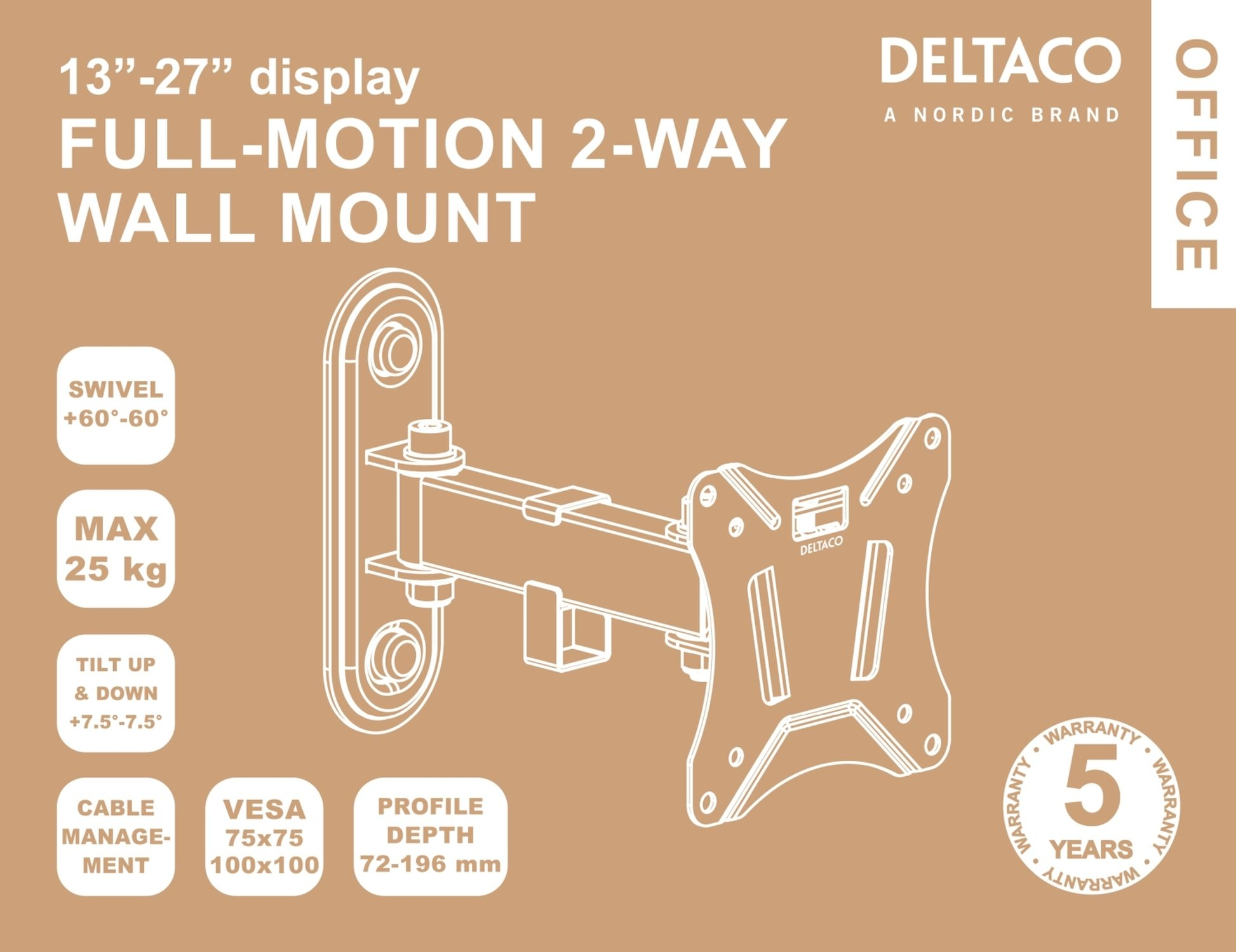 Un soporte de pared blanco para una pantalla con especificaciones. Fondo marrón.
