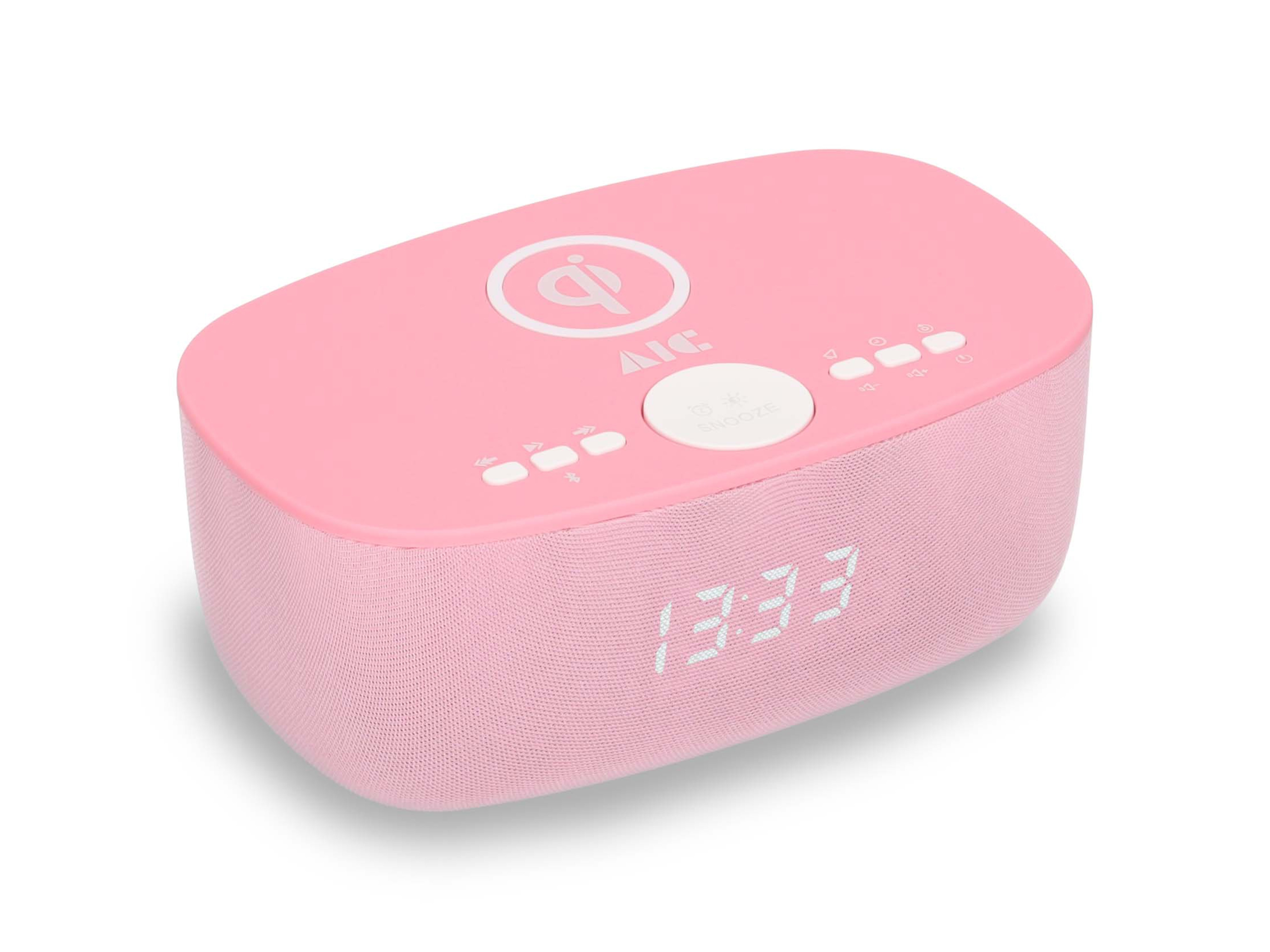 Ein rosa Wecker mit Digitalanzeige, die 13:33 anzeigt. Er hat Knöpfe und ein Symbol für kabelloses Laden.