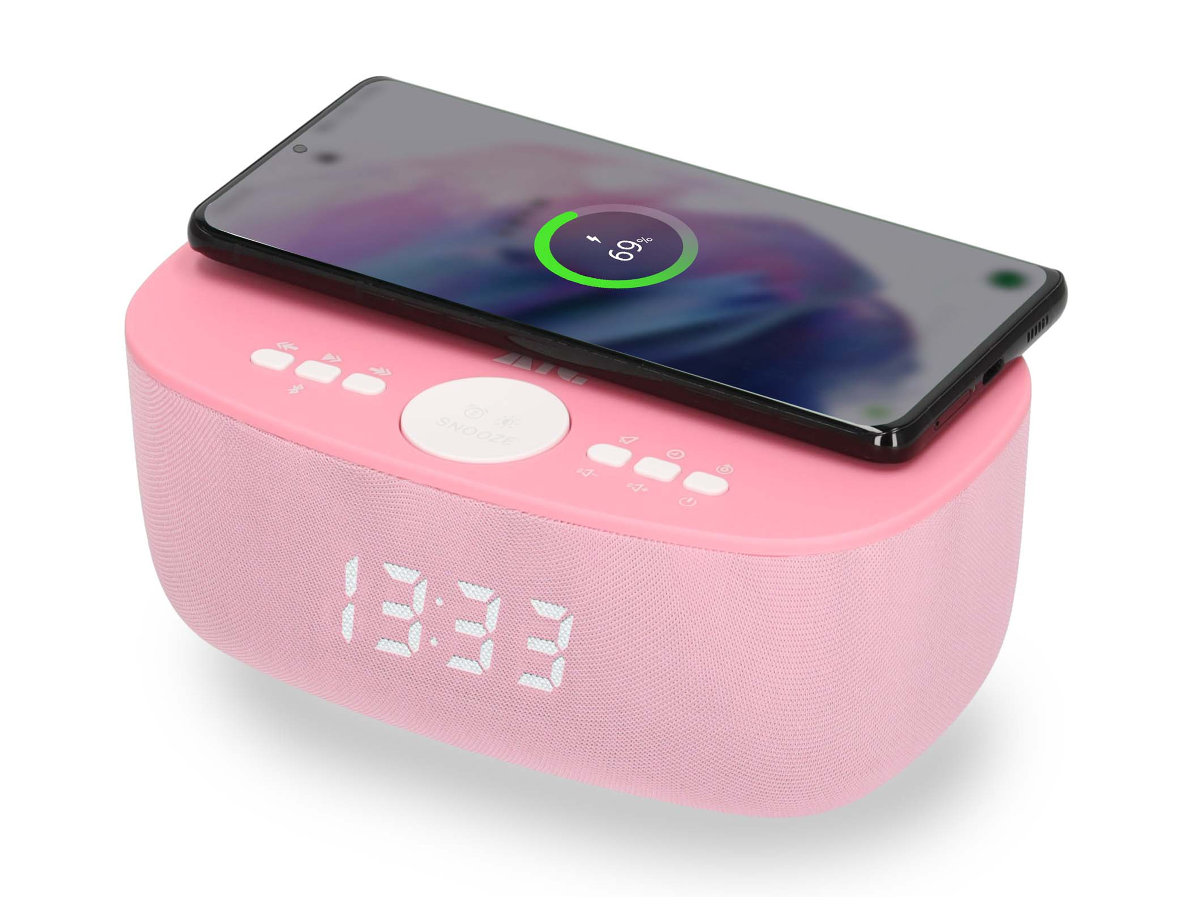 Rosa Wecker mit Handy obenauf, das 69% Aufladung anzeigt. Weiße Zahlen zeigen 13:33.