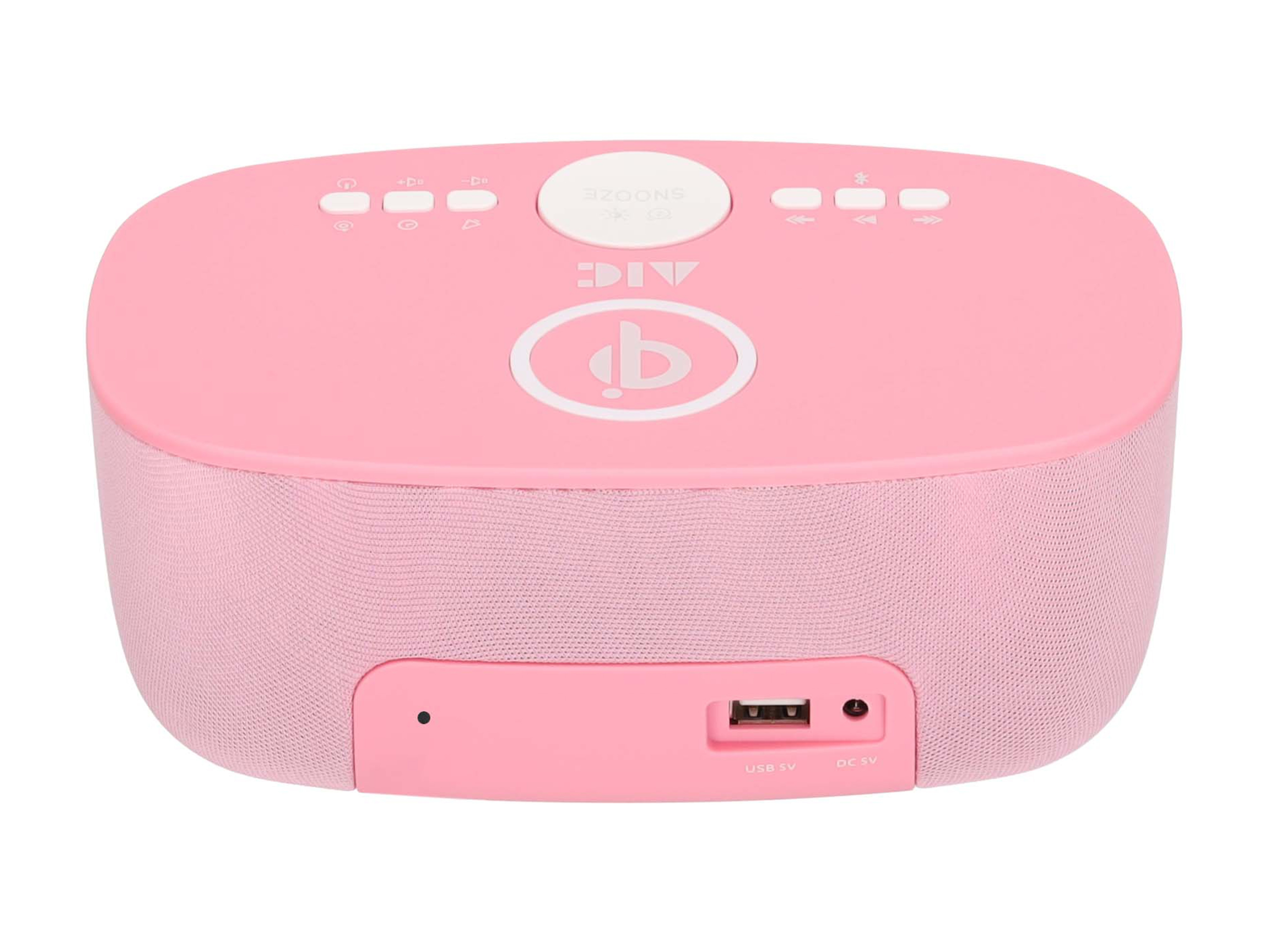 Ein rosa Radiowecker mit Knöpfen oben und einem USB-Anschluss. Der Markenname 'DIV' ist vorne zu sehen.