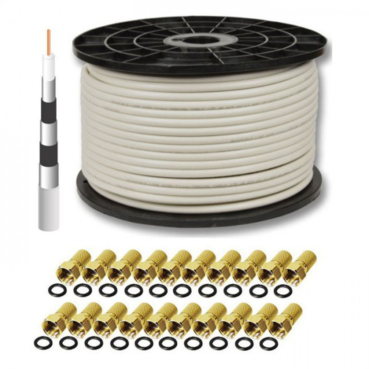 Koaxialkabel auf einer Spule und Stecker mit schwarzen Ringen. Das Kabel ist weiß, die Stecker sind goldfarben.