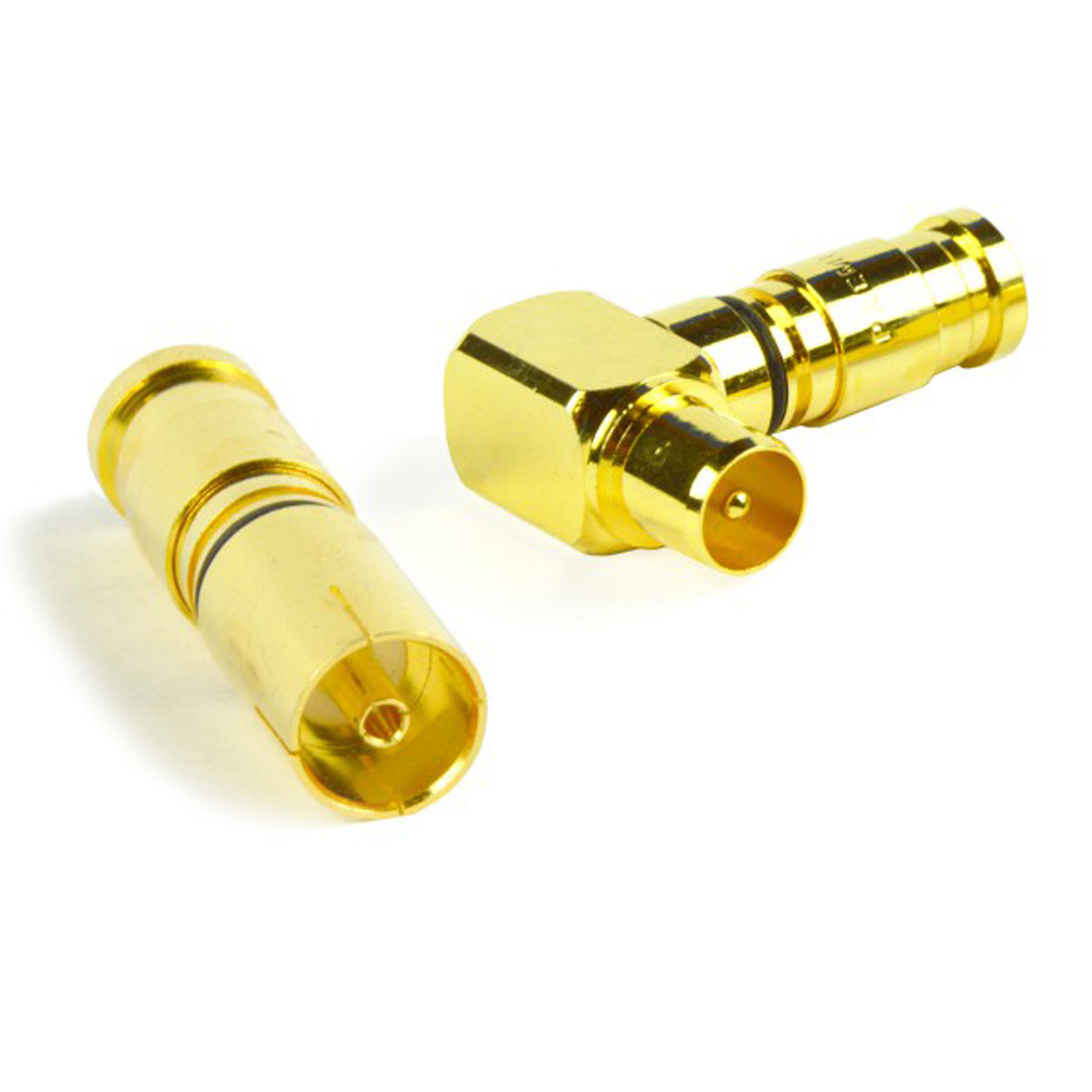 Zwei goldfarbene Stecker. Einer ist gerade, der andere abgewinkelt.