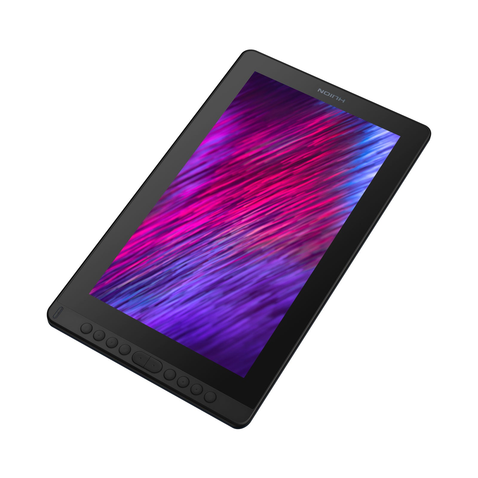 Schwarzes Huion-Tablet mit Bildschirm, der leuchtende Farben zeigt. Das Tablet ist angewinkelt, einsatzbereit.