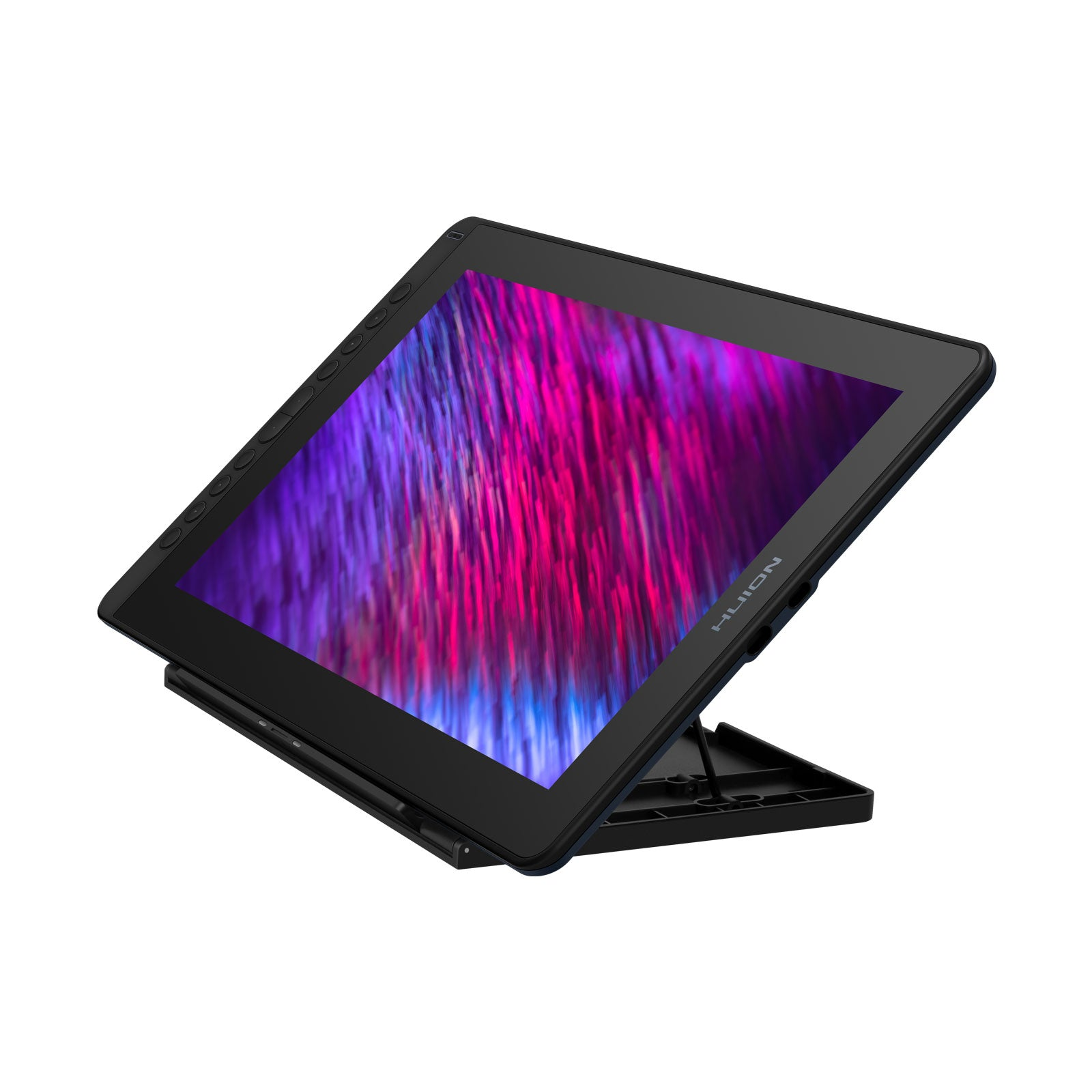 Ein schwarzes Tablet auf einem Ständer, mit einem Stift. Der Bildschirm zeigt farbenfrohe Kunst.