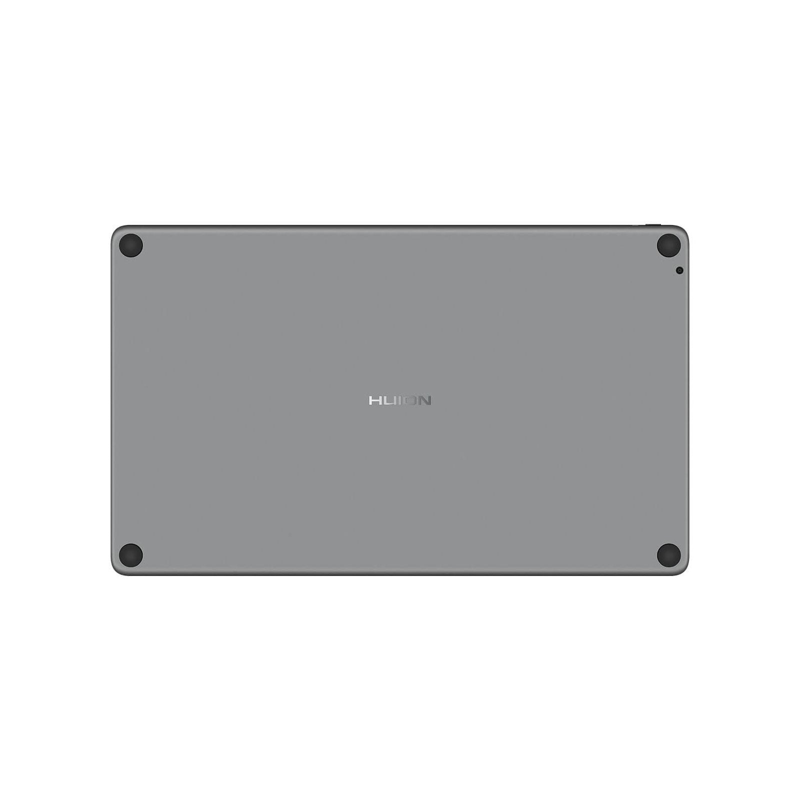 Szary tablet z czarnymi rogami i tekstem 'HUION'. Czarne kropki w rogach. Gładkie białe tło.
