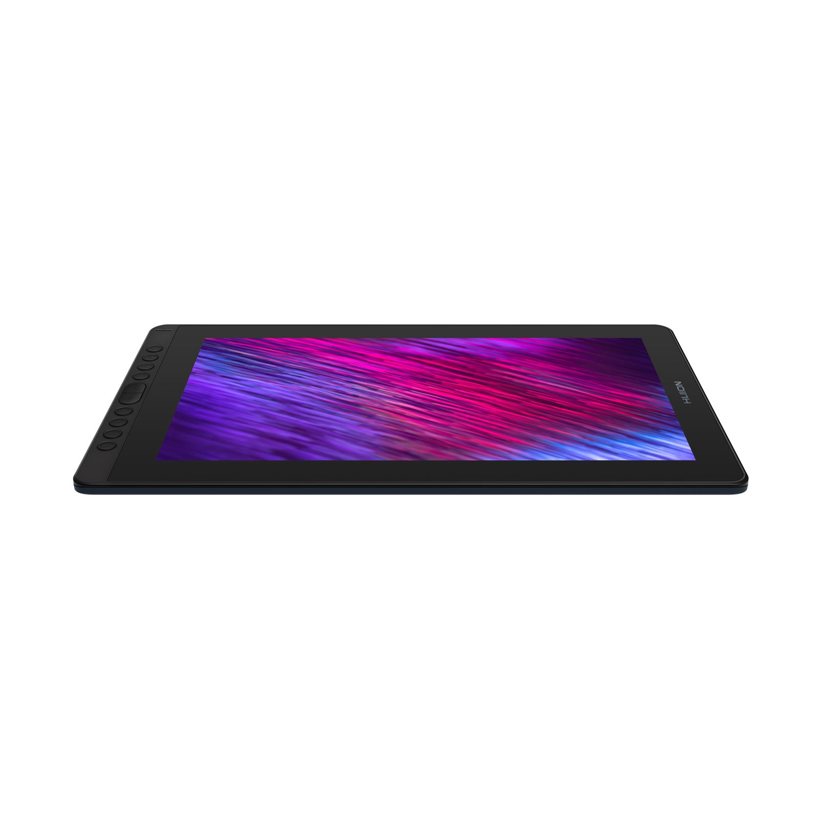 Ein schwarzes digitales Tablet mit einem bunten, abstrakten Hintergrund. Der Bildschirm ist eingeschaltet und das Tablet liegt auf einer weißen Oberfläche.