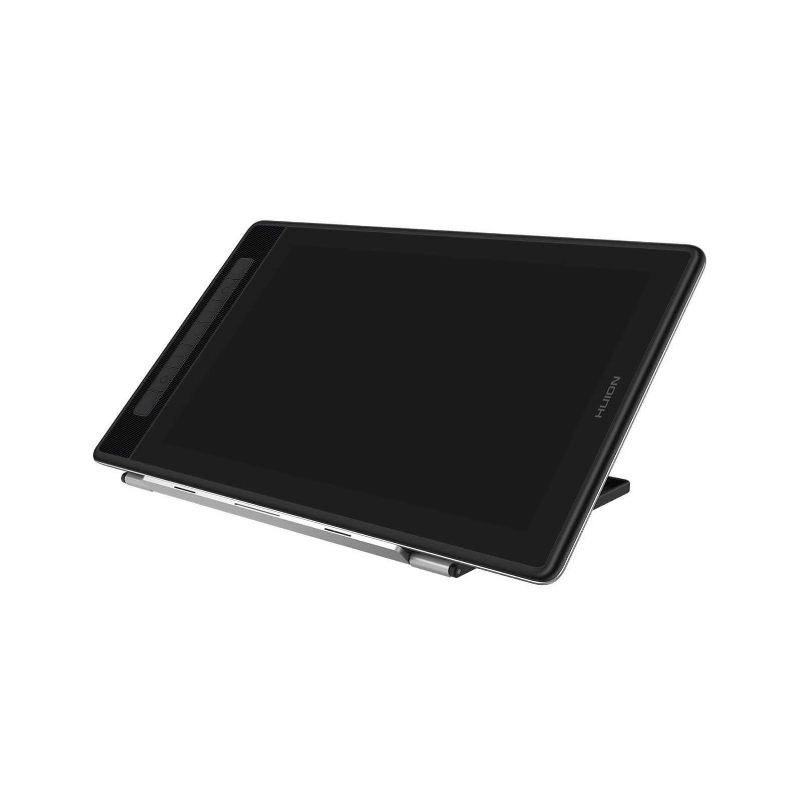 Czarny tablet graficzny z piórem na stojaku. Tablet leży na białej powierzchni.