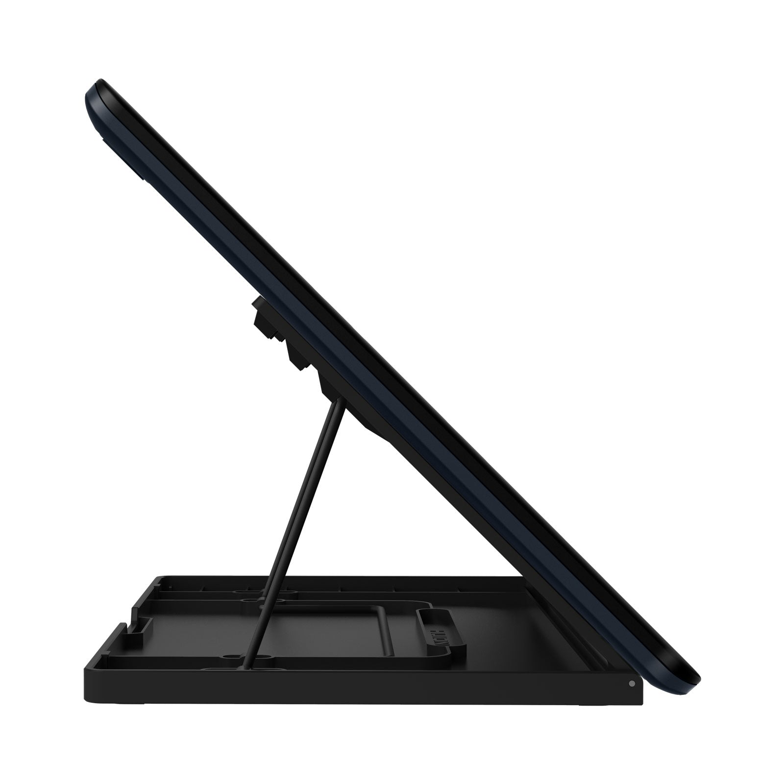 Ein Tablet auf einem Ständer aufgestellt. Das Tablet ist schwarz, der Ständer angewinkelt.