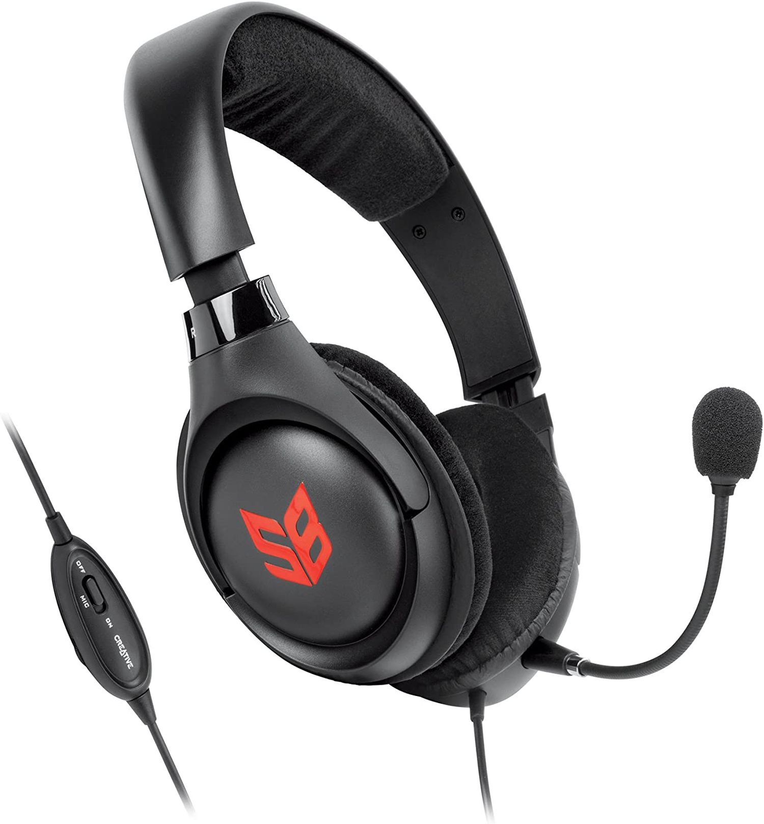Schwarzes Gaming-Headset mit rotem Logo, angeschnalltem Mikrofon und Lautstärkeregler am Kabel.