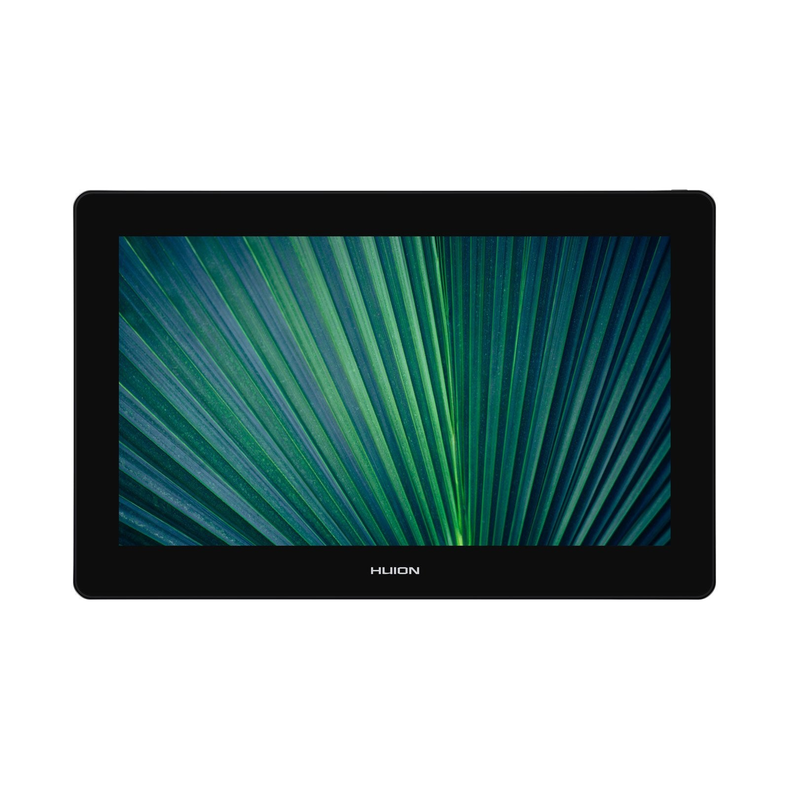 Ein schwarzes Tablet zeigt ein grün-blaues Muster, das an Palmblätter erinnert, vor dunklem Hintergrund.