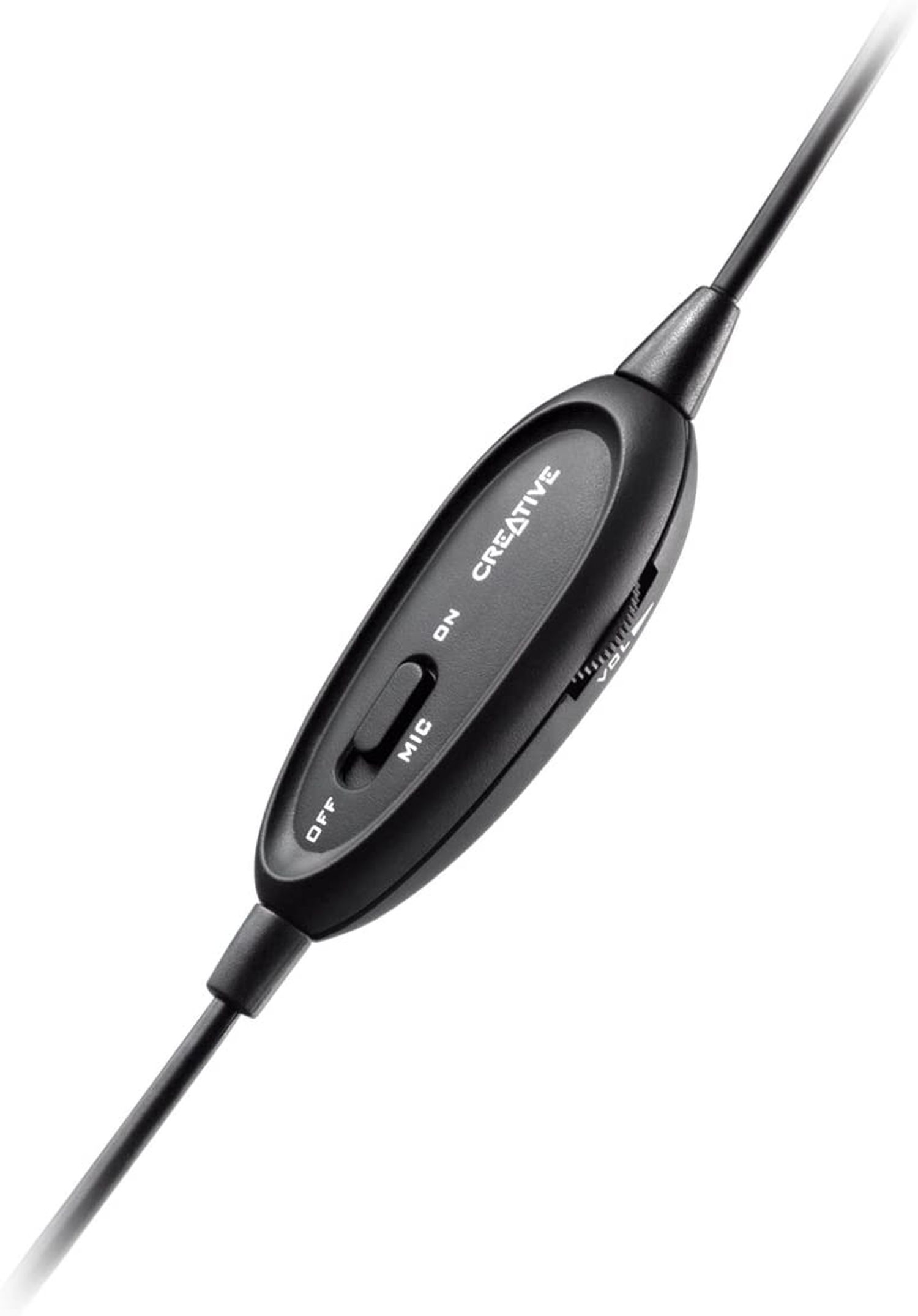 Ein schwarzer Creative Mikrofon-Controller mit einem Schalter für Ein/Aus und Mikrofoneinstellungen.